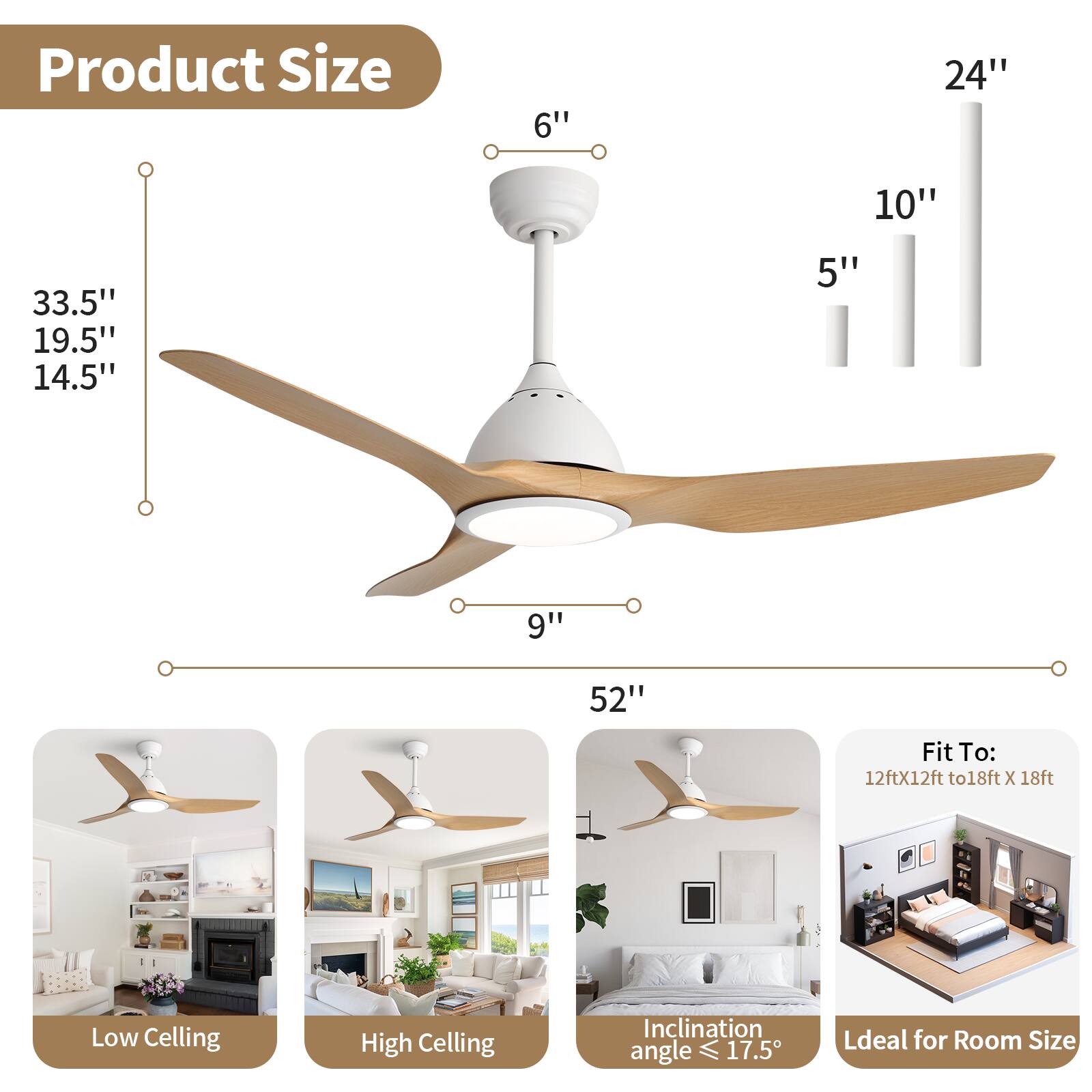 Product Size

- 33.5"
- 19.5"
- 14.5"
- 9"
- 6"
- 24"
- 10"
- 5"
- 52"

Fit To: 12ft x 12ft to 18ft x 18ft

Low Ceiling

High Ceiling

Inclination angle ≤ 17.5°

Ideal for Room Size