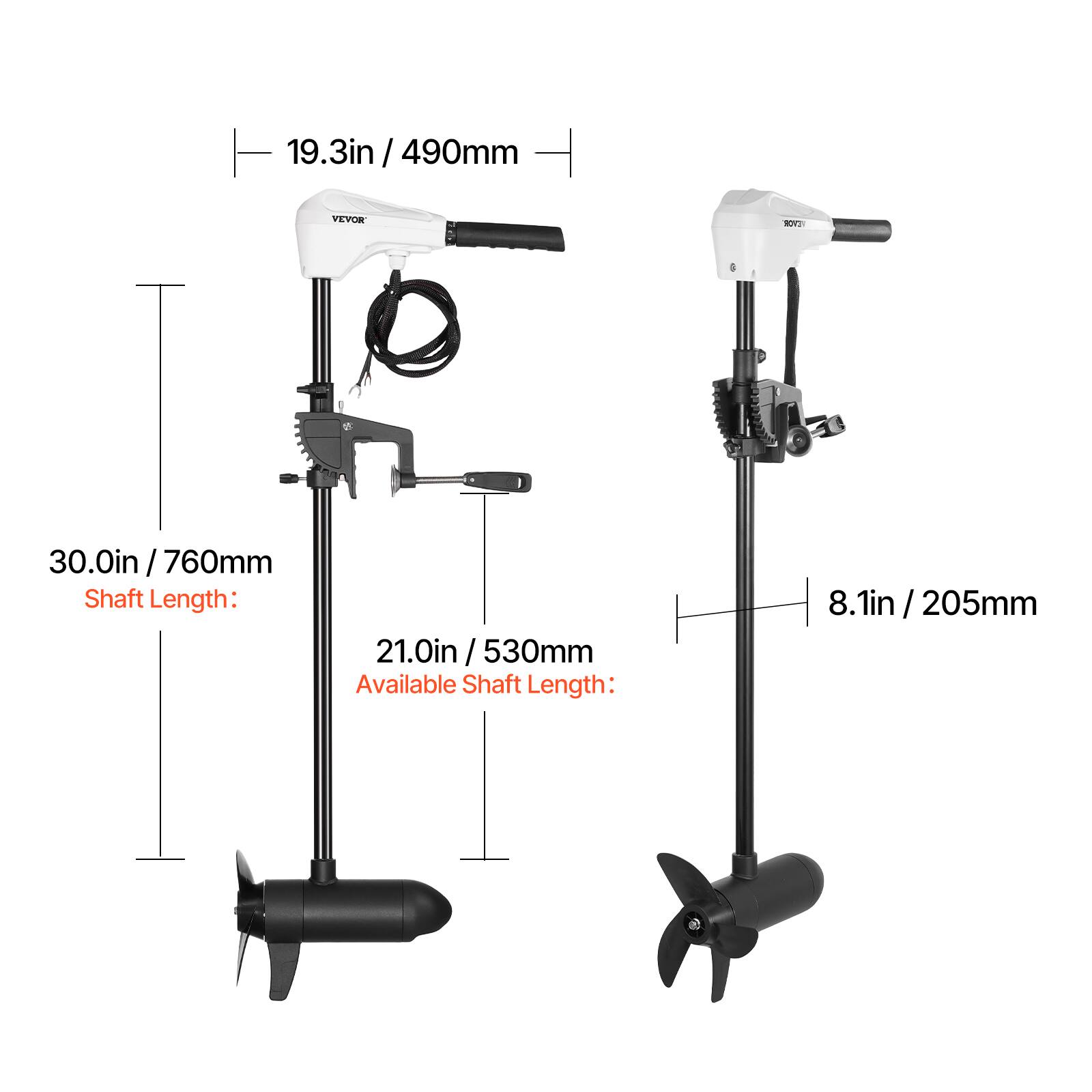 19.3in / 490mm  
30.0in / 760mm  
Shaft Length: 21.0in / 530mm  
Available Shaft Length: 8.1in / 205mm
