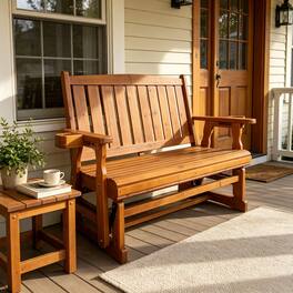 Fortune Candy - Wooden Patio Glider with Cup Holders, High Back and Deep Contoured Seat, for Porch Yard Garden (2-Seater) - Teak Tone