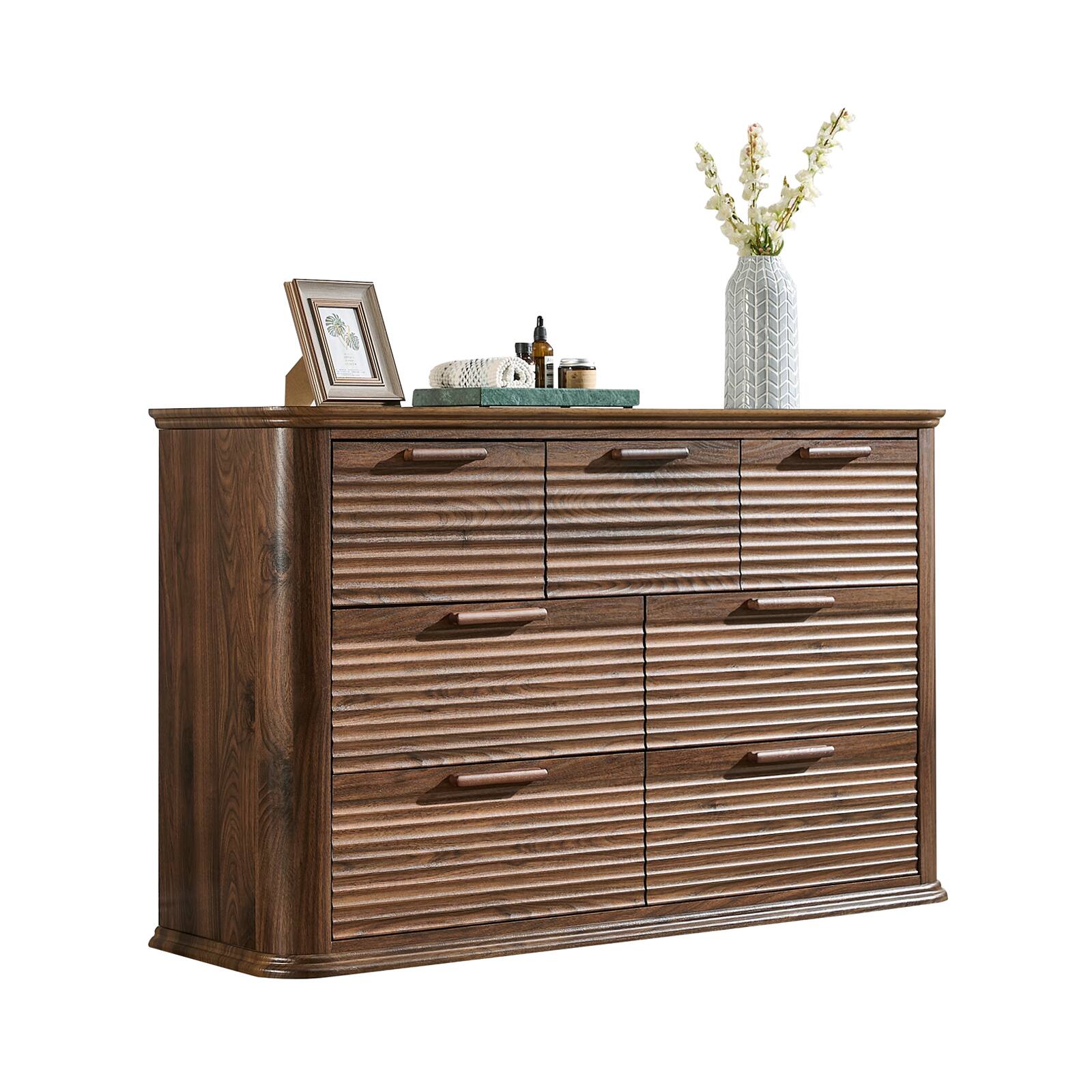 Back. Forest'nSky - Walnut Wood 7 drawer 52 in. Wide Chest of Drawers with Curved Profile Design for Living Room - Walnut.