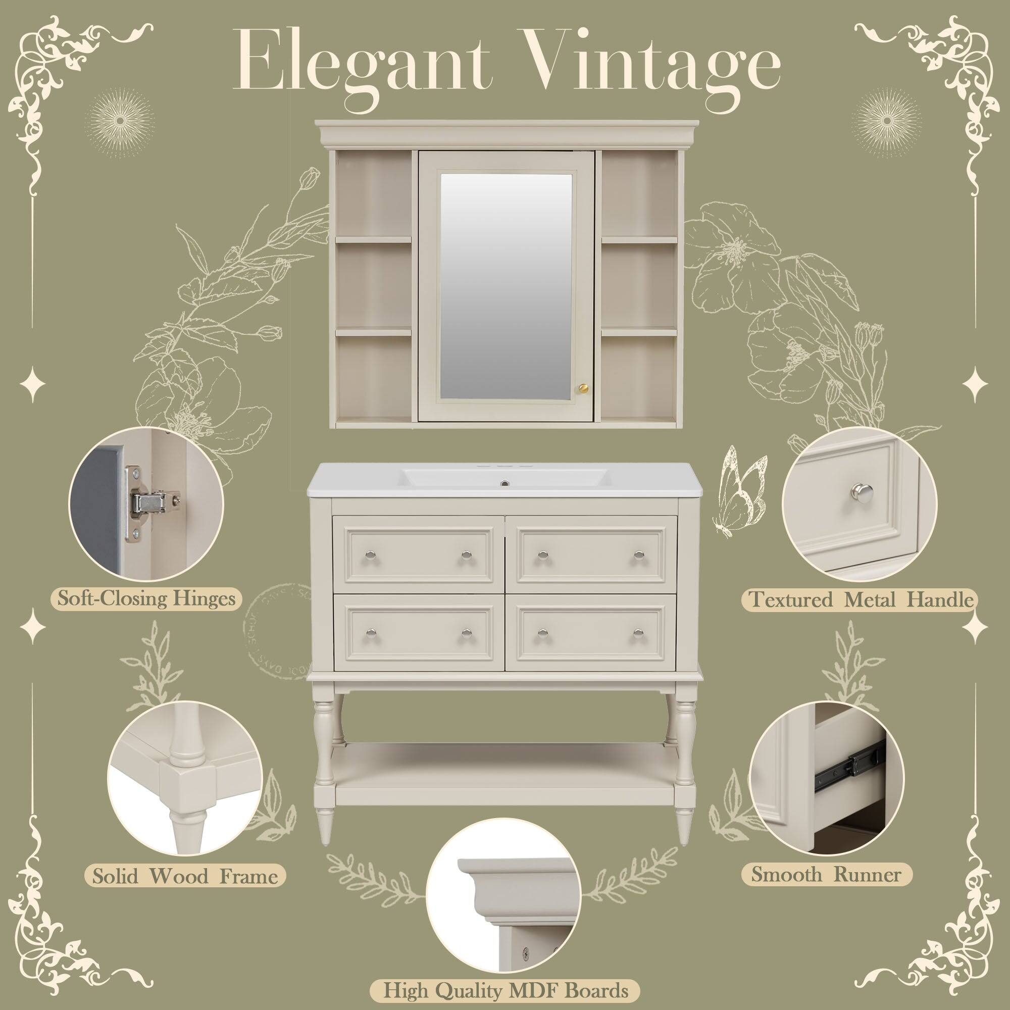 Elegant Vintage

- Soft-Closing Hinges
- Textured Metal Handle
- Solid Wood Frame
- Smooth Runner
- High Quality MDF Boards