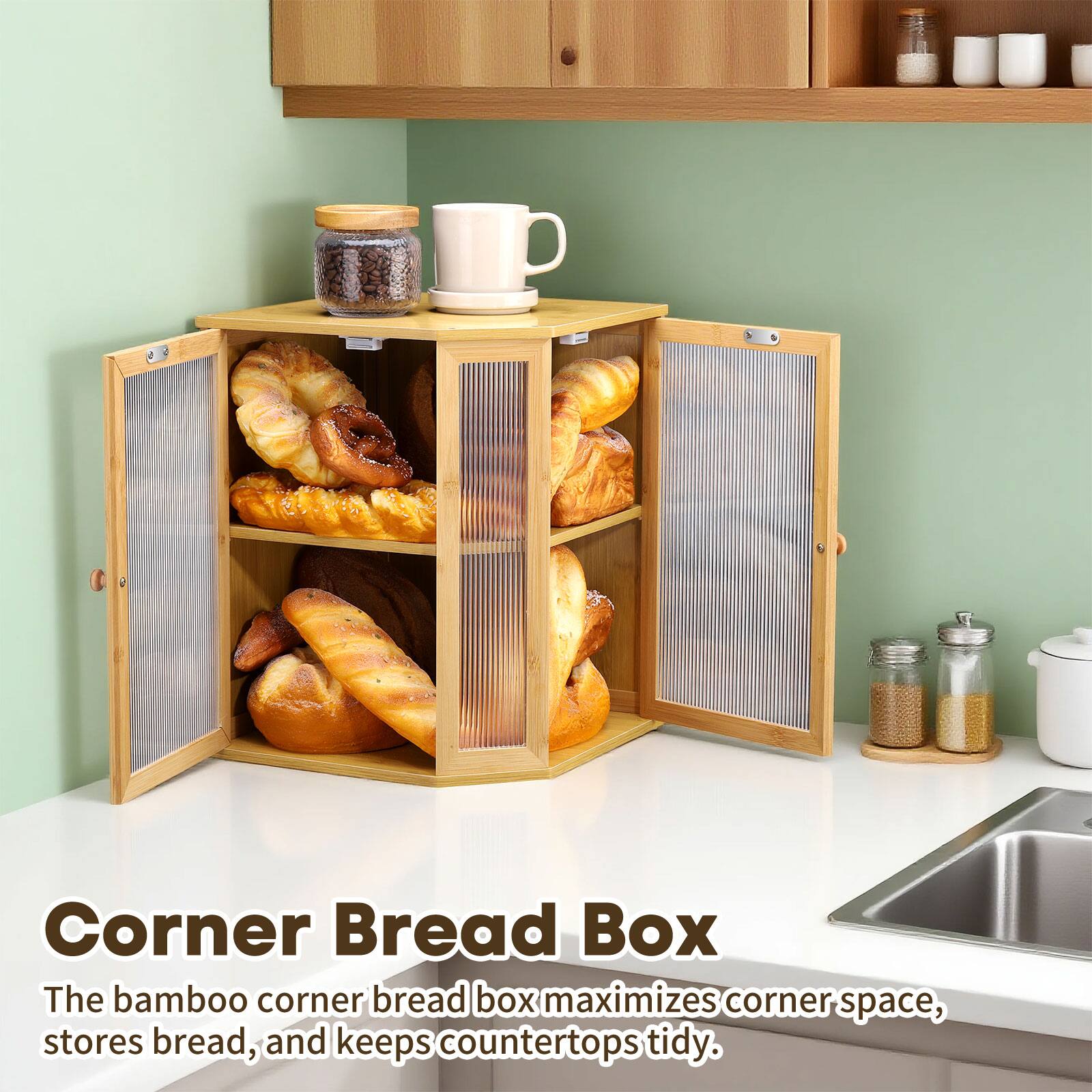 Corner Bread Box

The bamboo corner bread box maximizes corner space, stores bread, and keeps countertops tidy.