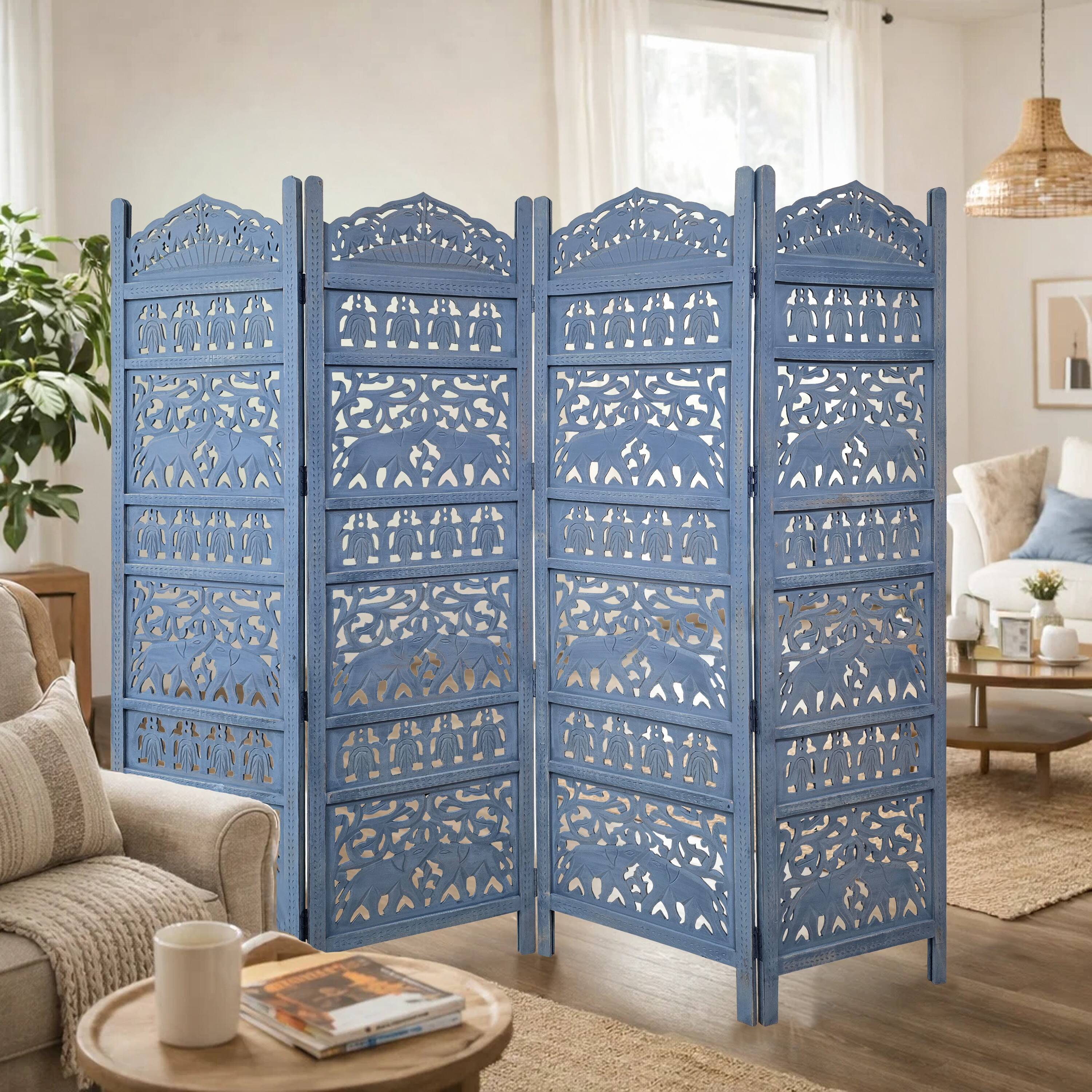 Alt View 8. Manhattan Lane - Jumbo 4 Panel Folding Room Divider Screen, Antique Blue Mango Wood, Elephant Motif Carved Design - Blue.