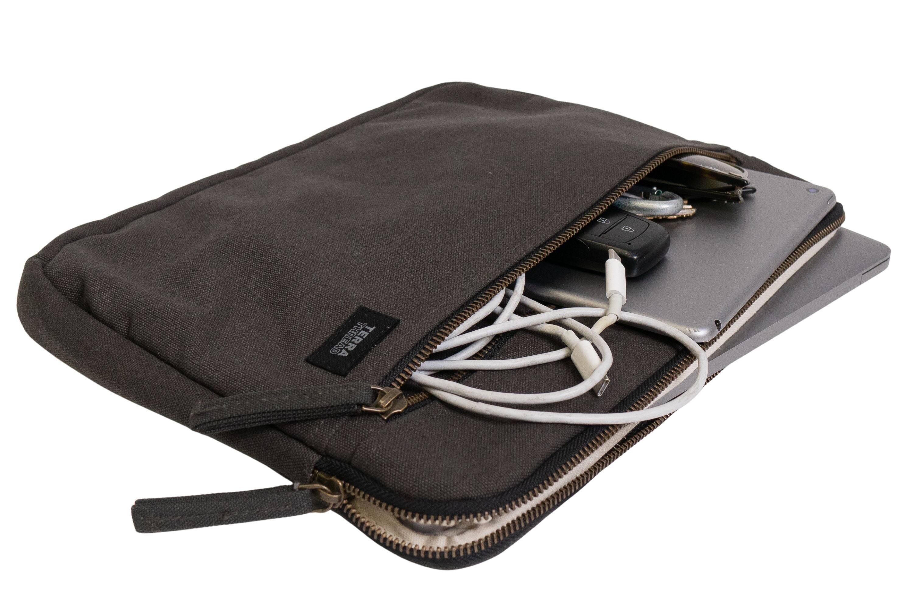 Left. Terra Thread - Organic Cotton Laptop Sleeve 13 inches - Charcoal Grey.