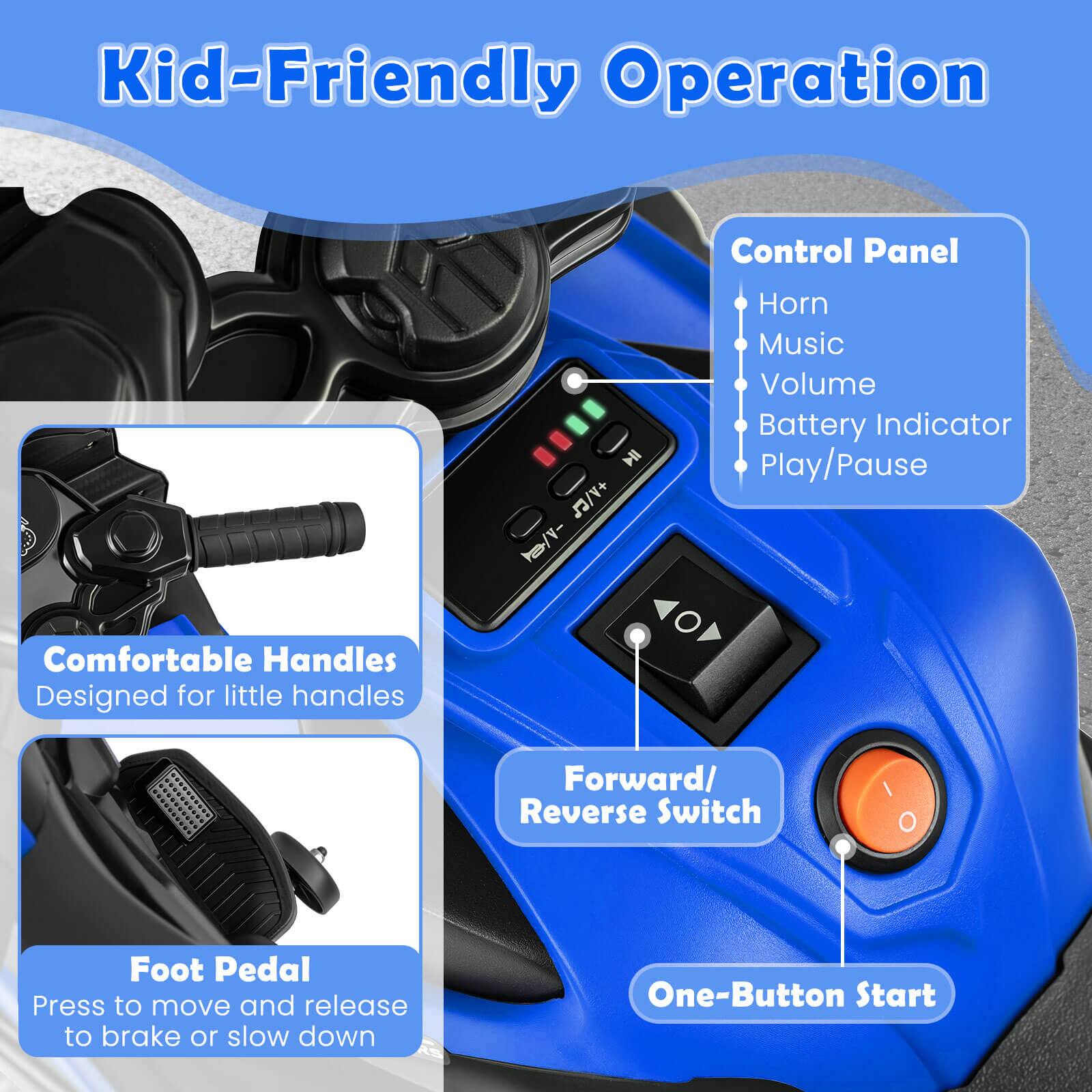 Kid-Friendly Operation

- Control Panel
  - Horn
  - Music
  - Volume
  - Battery Indicator
  - Play/Pause

- Comfortable Handles
  - Designed for little handles

- Forward/Reverse Switch

- Foot Pedal
  - Press to move and release to brake or slow down

- One-Button Start