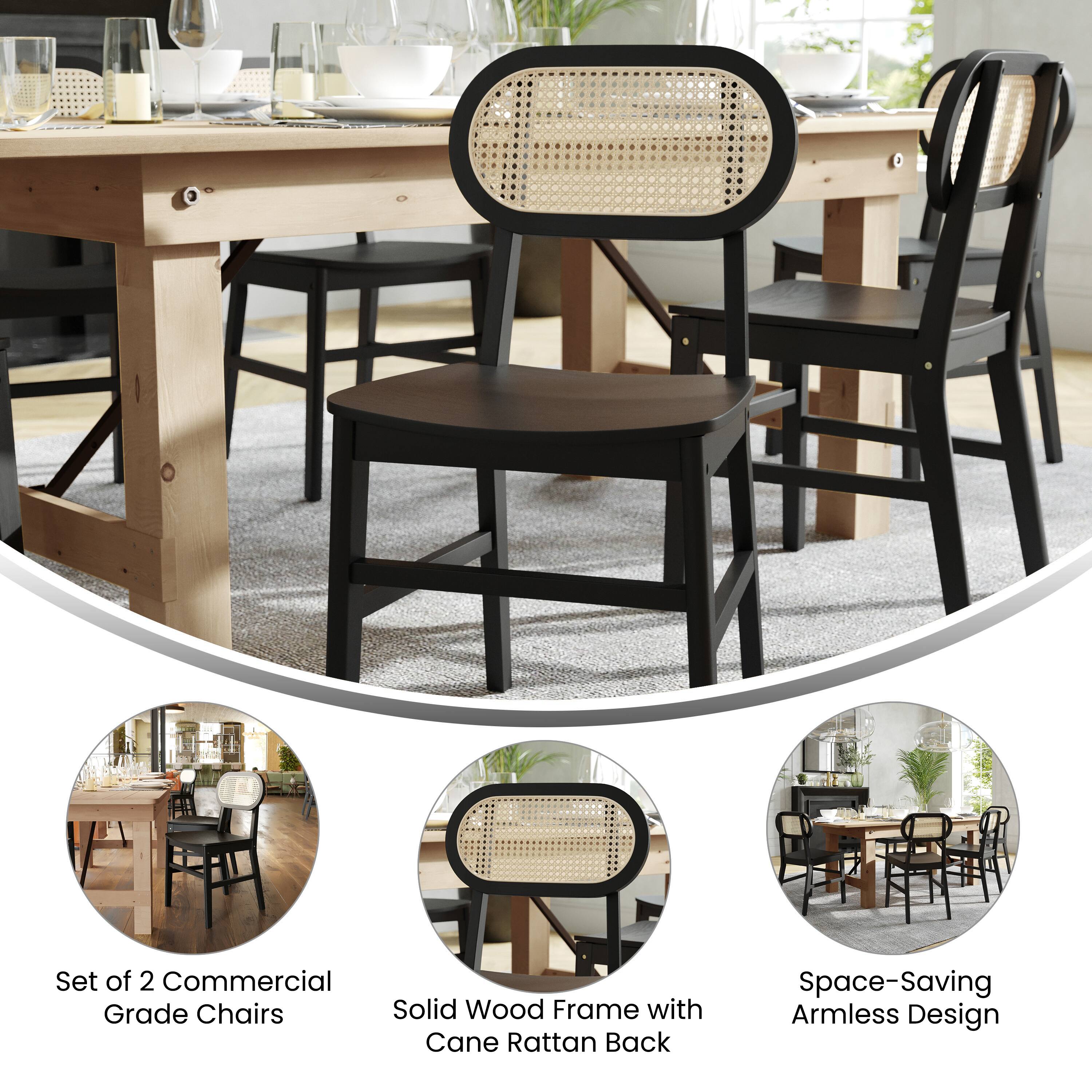 Set of 2 Commercial Grade Chairs  
Solid Wood Frame with Cane Rattan Back  
Space-Saving Armless Design
