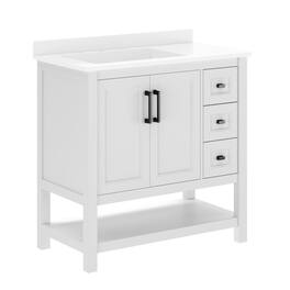 Flash Furniture - Vega 36" Bathroom Vanity with Sink, Cabinet with Black Hardware, Soft Close Doors, Open Shelf & 3 Drawers, Carrara Marbl - White
