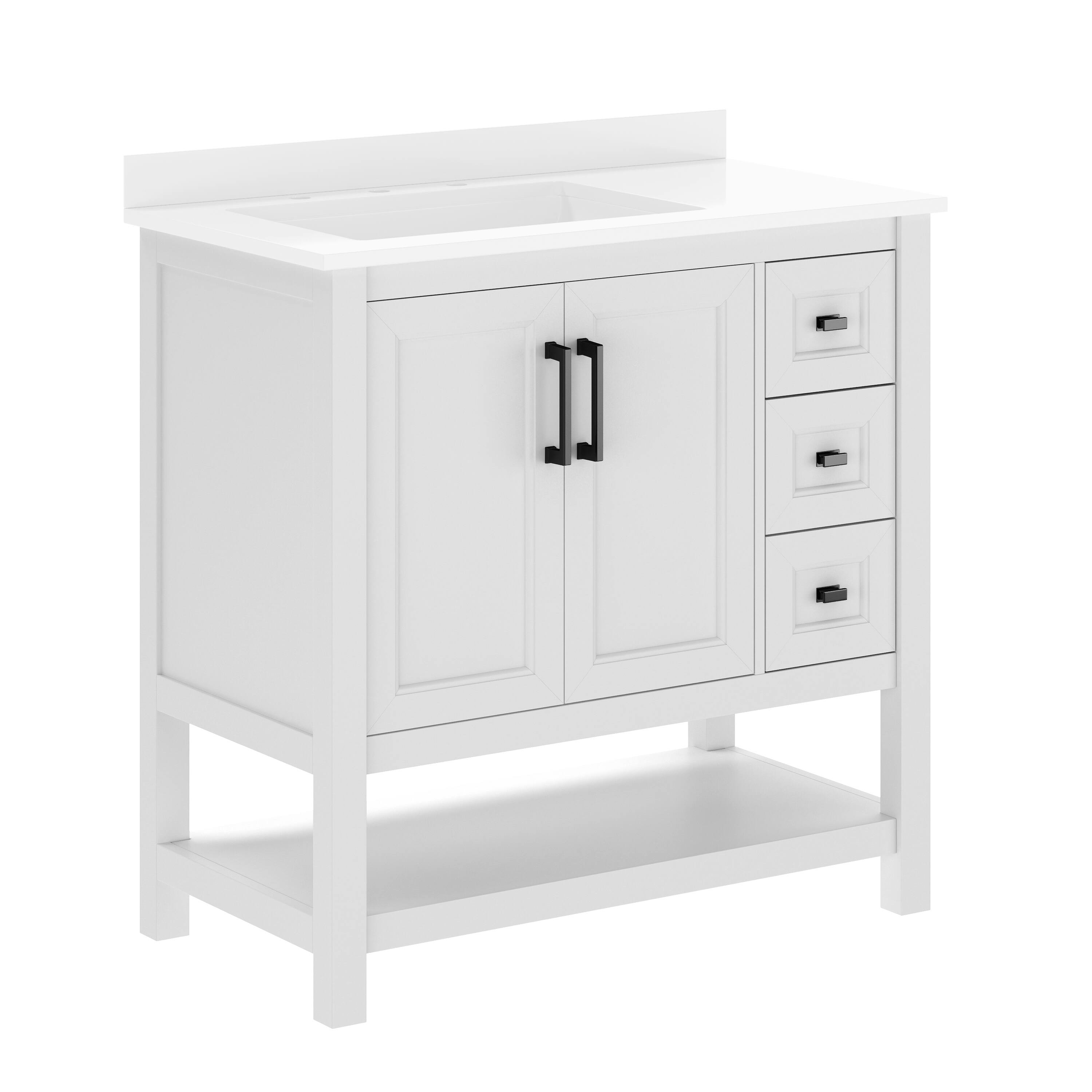 Flash Furniture - Vega 36" Bathroom Vanity with Sink, Cabinet with Black Hardware, Soft Close Doors, Open Shelf & 3 Drawers, Carrara Marbl - White