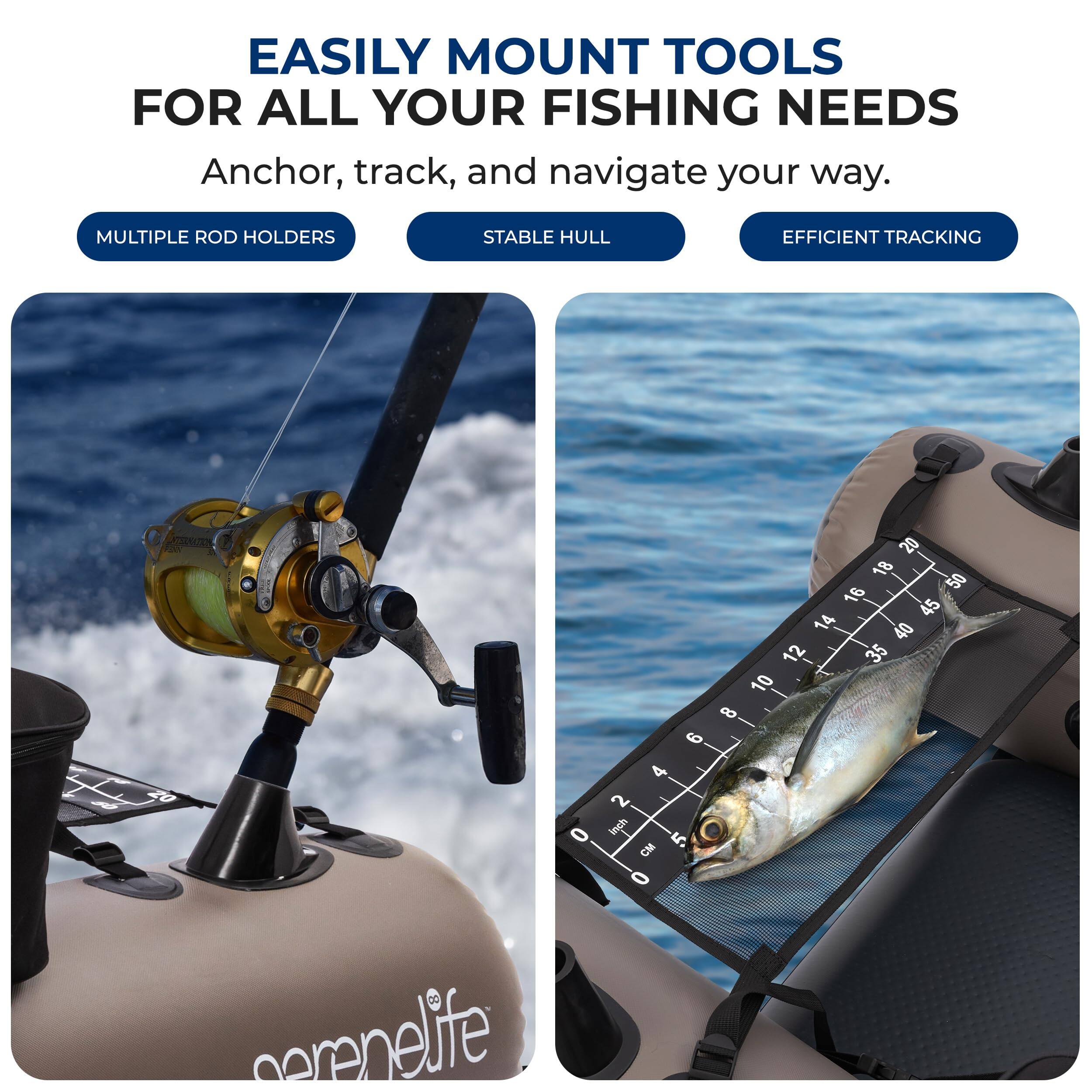 EASILY MOUNT TOOLS FOR ALL YOUR FISHING NEEDS  
Anchor, track, and navigate your way.  

MULTIPLE ROD HOLDERS  
STABLE HULL  
EFFICIENT TRACKING