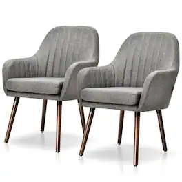 Hivvago - Set of 2 Retro Grey Linen Upholstered Accent Chair with Stylish Wood Legs - Gray