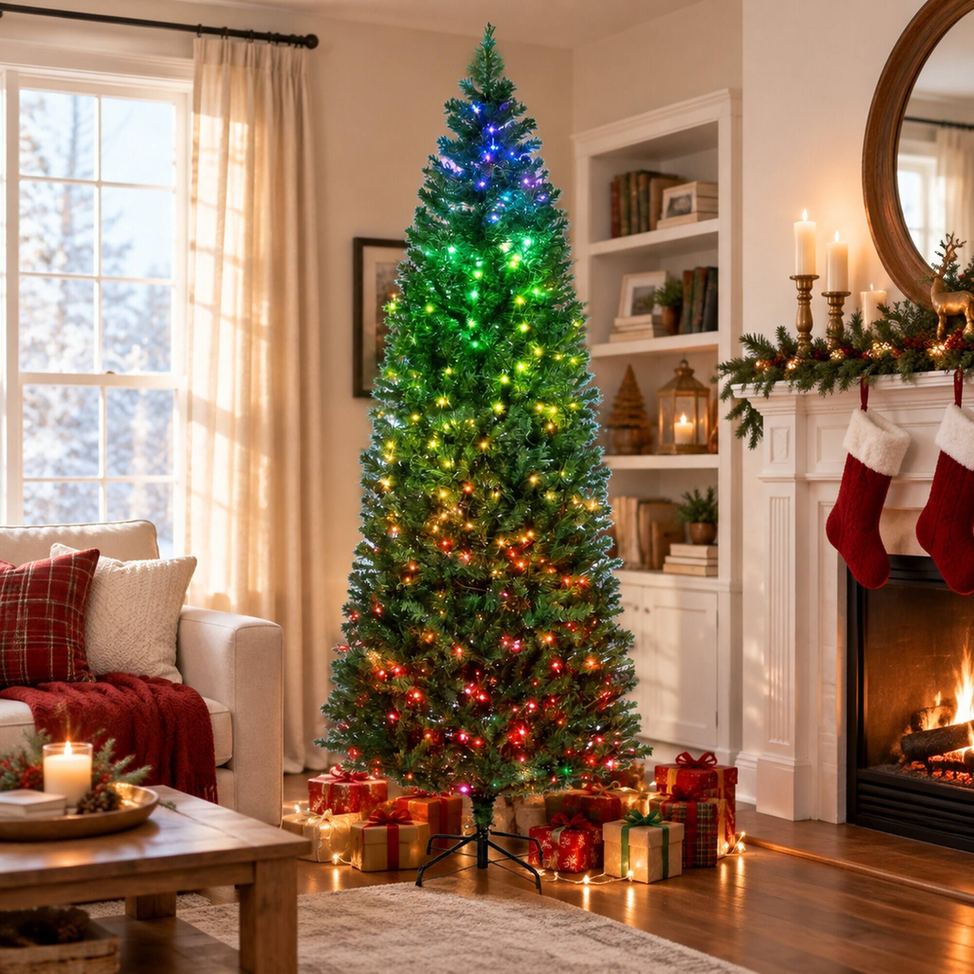 Angle. RYHNUYNE - 7 Ft Artificial Christmas Tree With Realistic Branches, Hinged Design Metal Stand Easy Setup Full Holiday Decor - Green.