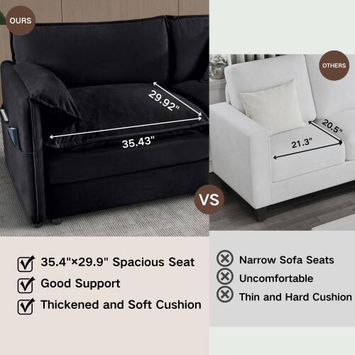 **OURS**  
- 35.43" x 29.92"  
- Spacious Seat  
- Good Support  
- Thickened and Soft Cushion  

**OTHERS**  
- 20.5" x 21.3"  
- Narrow Sofa Seats  
- Uncomfortable  
- Thin and Hard Cushion