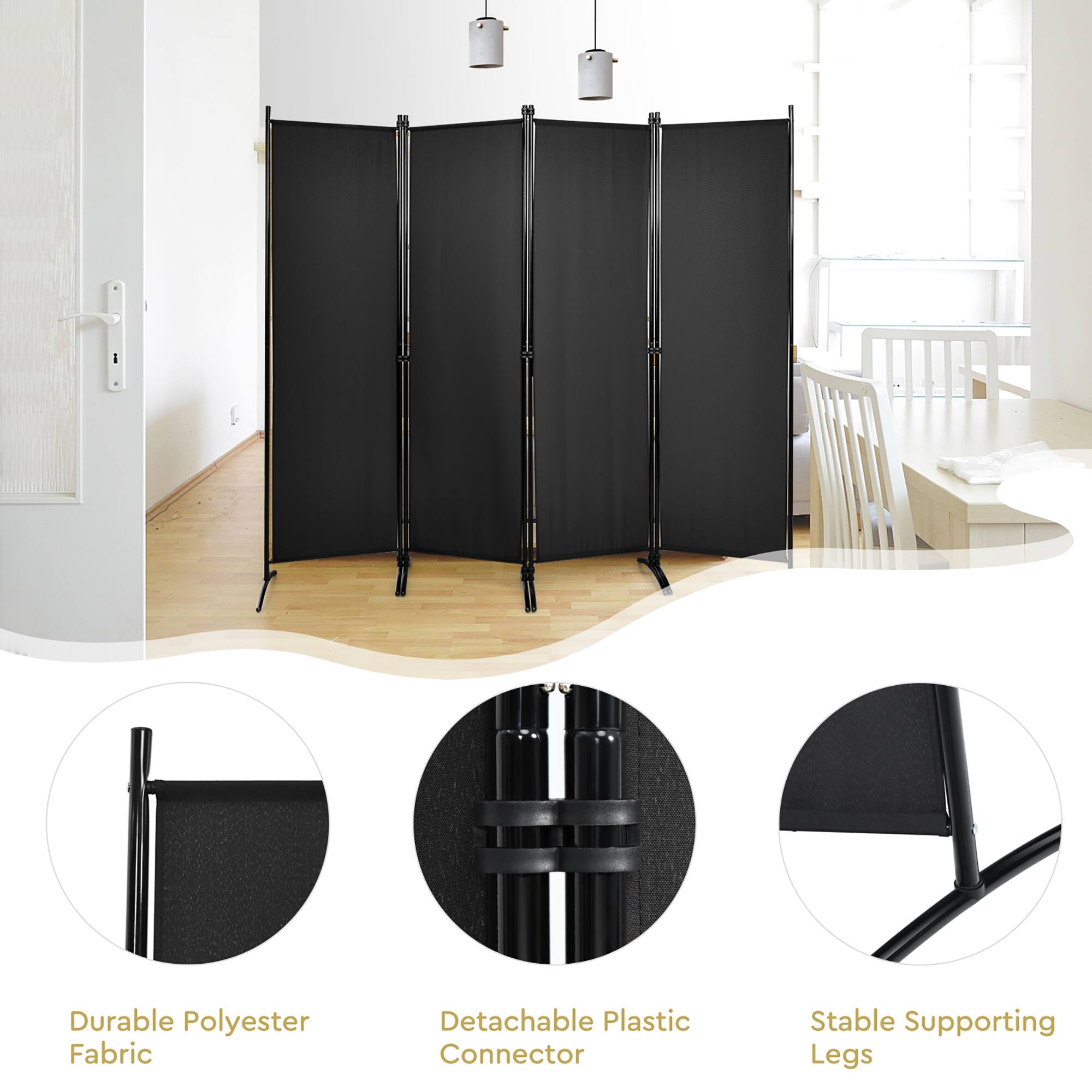 Durable Polyester Fabric  
Detachable Plastic Connector  
Stable Supporting Legs