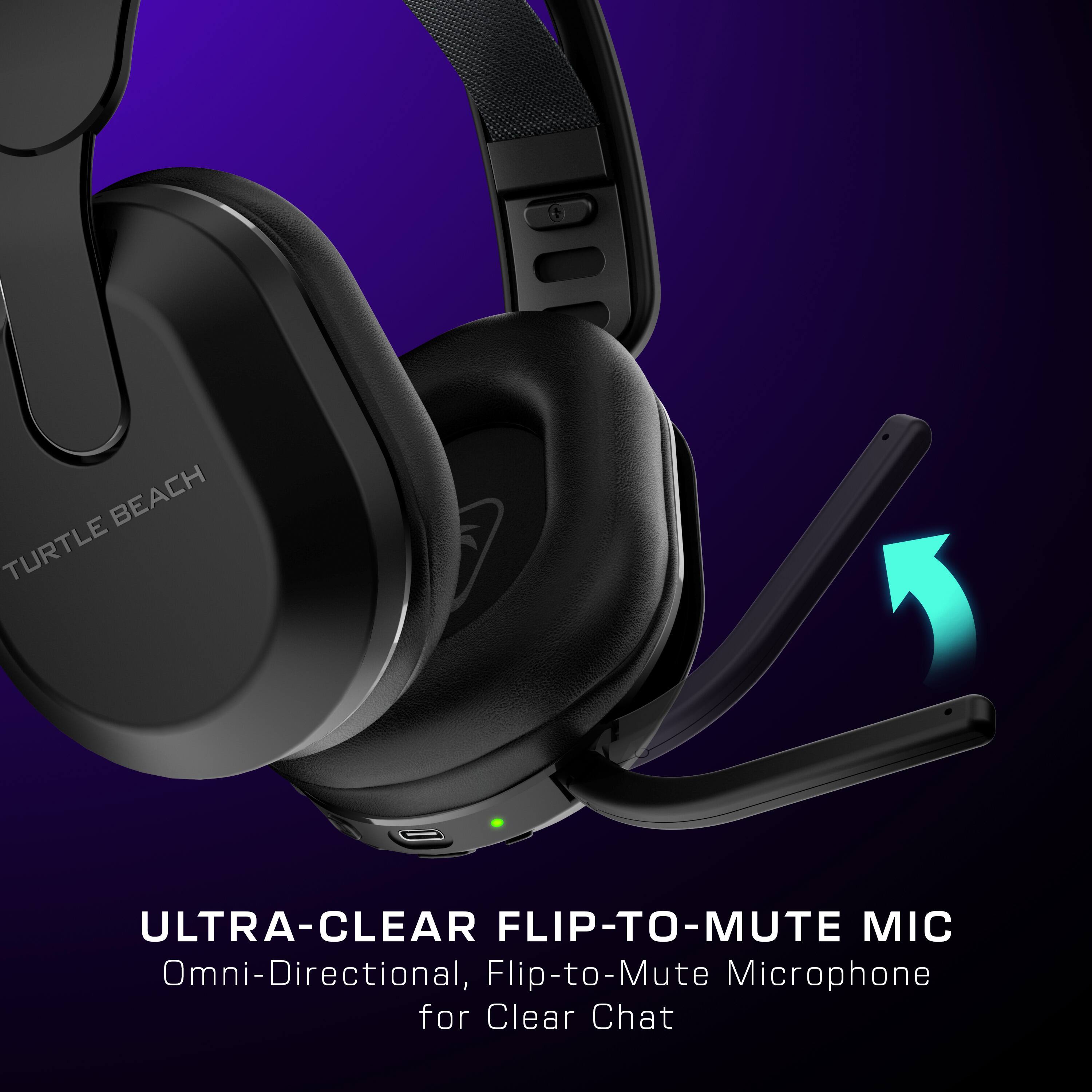 The image features a pair of black headphones with a microphone attached. The headphones are advertised as having an ultra-clear flip-to-mute mic, which is designed to provide clear communication during chats. The headphones are described as having an omni-directional, flip-to-mute microphone, which allows for clear and precise audio input. The headphones are likely intended for use in various settings, such as gaming, video conferencing, or other online communication platforms.