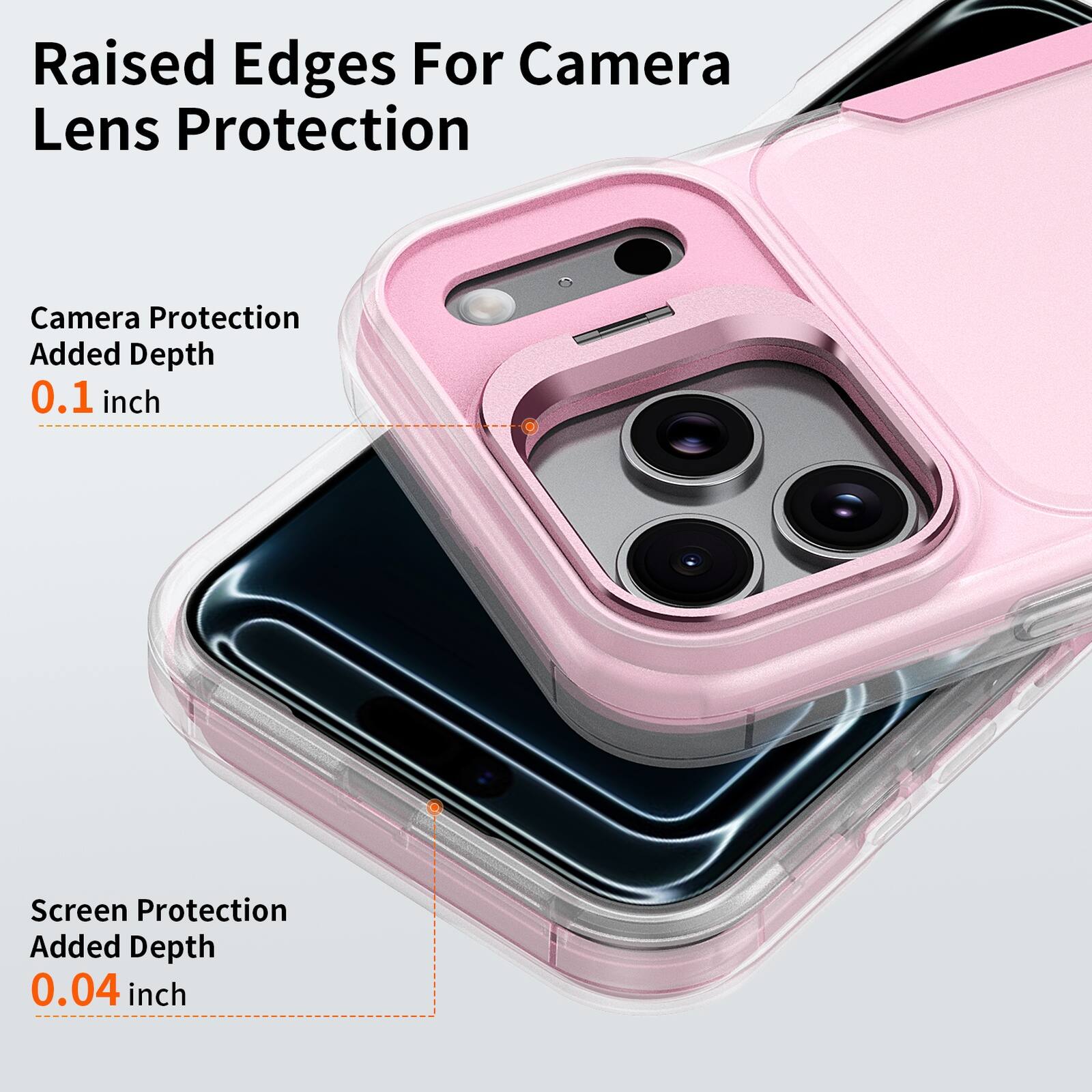 Raised Edges For Camera Lens Protection  
Camera Protection Added Depth 0.1 inch  
Screen Protection Added Depth 0.04 inch