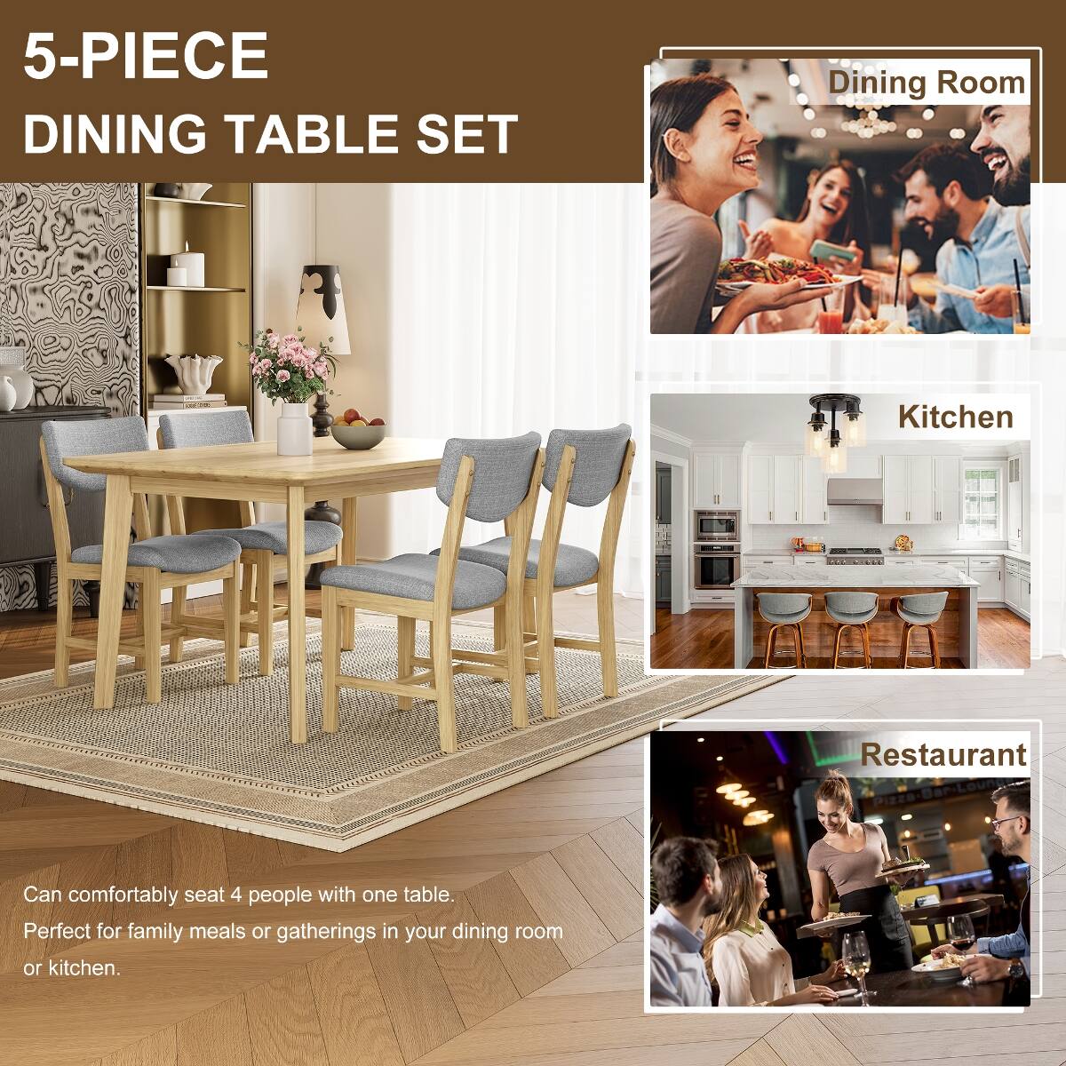 5-PIECE DINING TABLE SET

Dining Room
Kitchen
Restaurant

Can comfortably seat 4 people with one table. Perfect for family meals or gatherings in your dining room or kitchen.