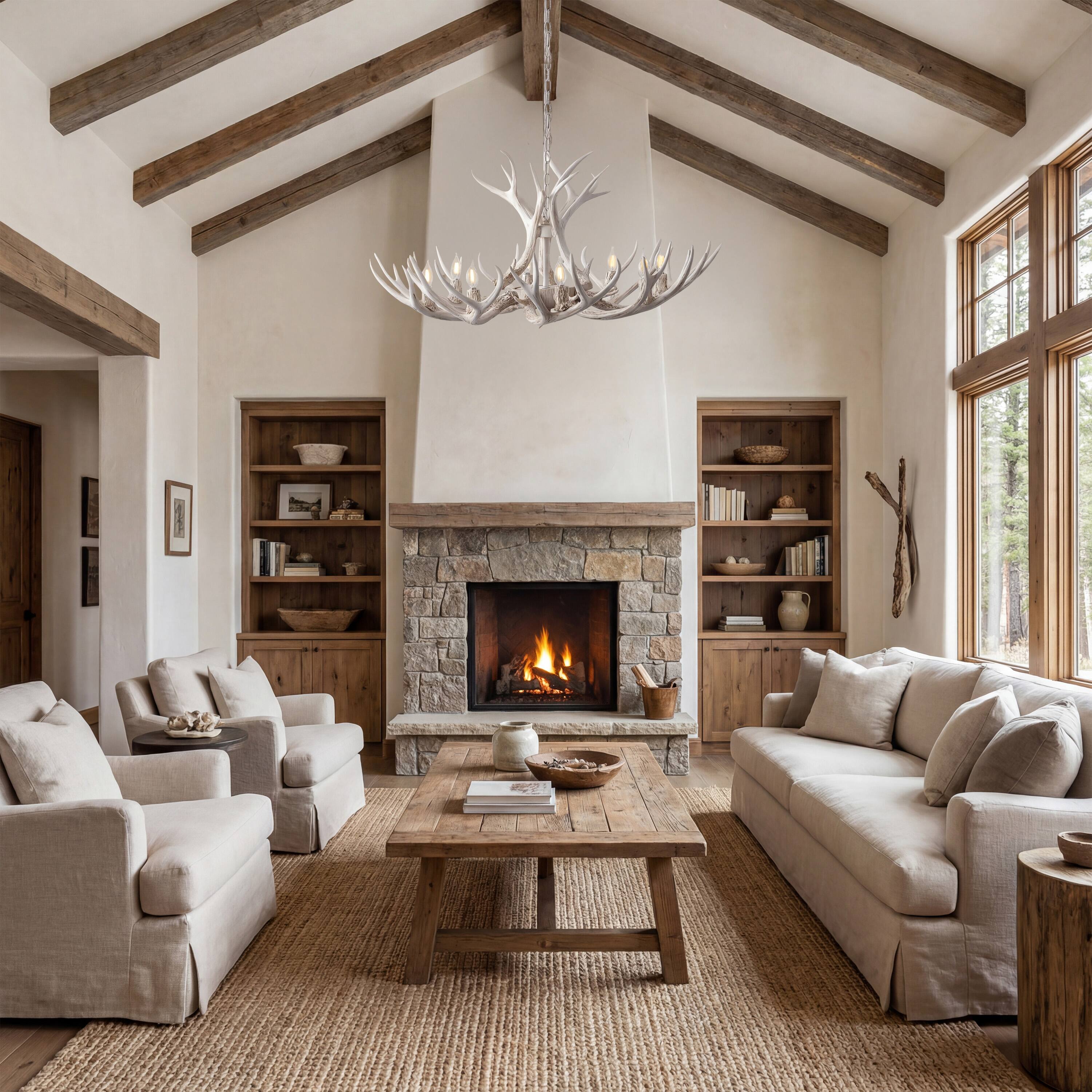 Alt View 9. Jonathan Y - Eldora 36" 8-Light Rustic Farmhouse Adjustable Resin Antler LED Chandelier, Beige - Beige.