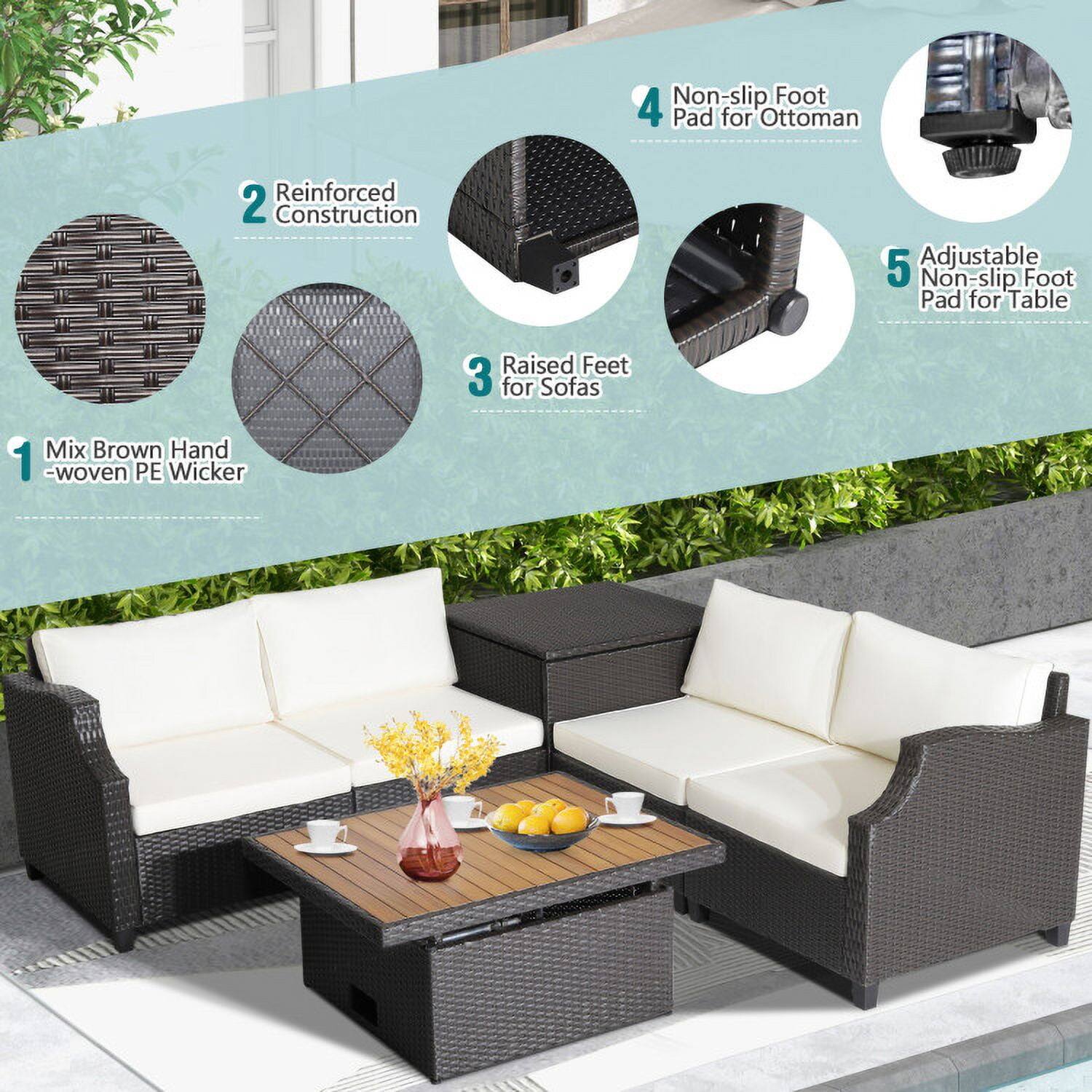1. Mix Brown Hand-woven PE Wicker  
2. Reinforced Construction  
3. Raised Feet for Sofas  
4. Non-slip Foot Pad for Ottoman  
5. Adjustable Non-slip Foot Pad for Table