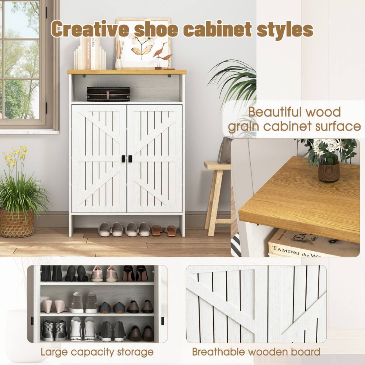 Creative shoe cabinet styles

Beautiful wood grain cabinet surface

Large capacity storage

Breathable wooden board