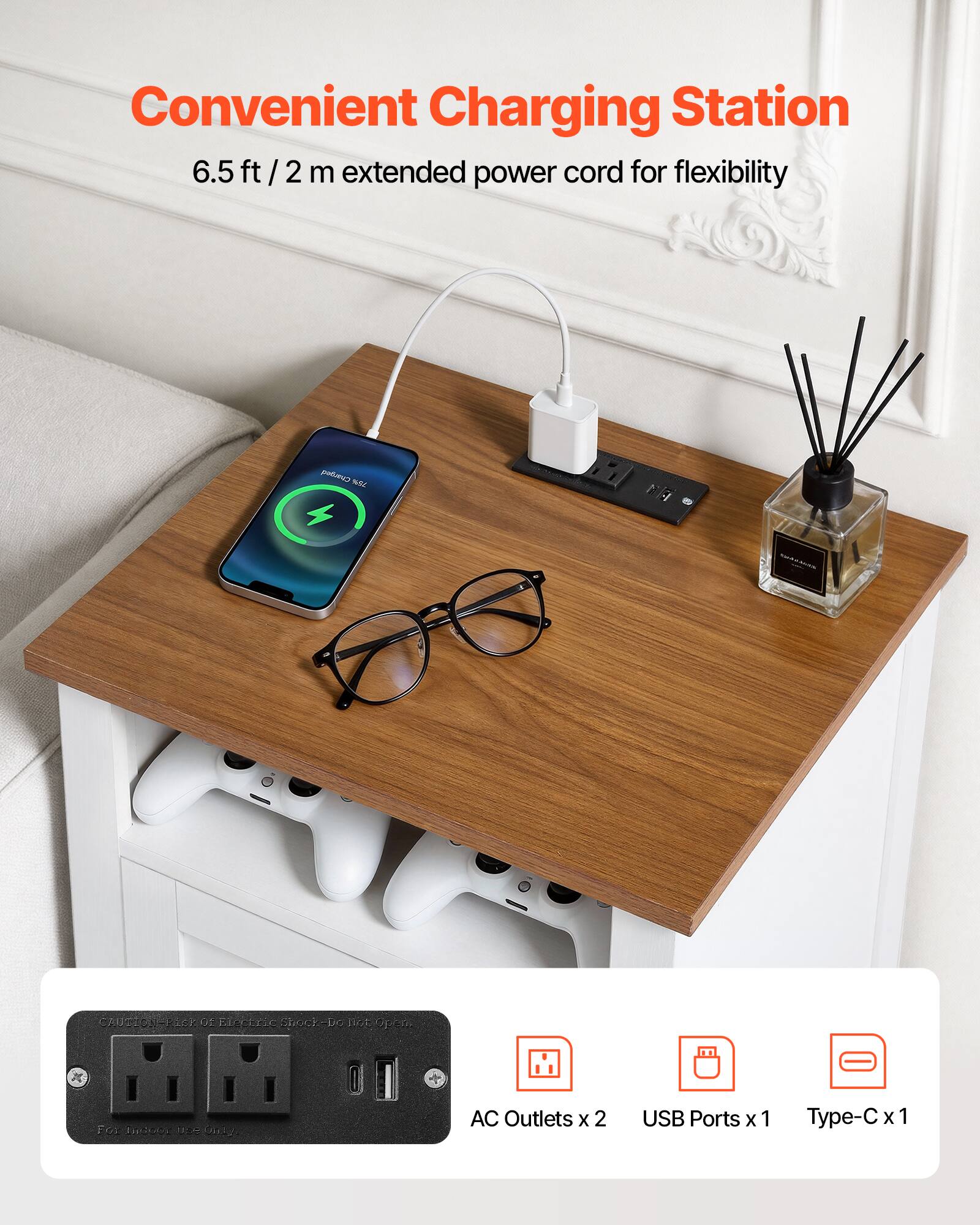 Convenient Charging Station  
6.5 ft / 2 m extended power cord for flexibility  

AC Outlets x 2  
USB Ports x 1  
Type-C x 1  

CAUTION: Risk of Electric Shock - Do Not Open  
For Indoor Use Only
