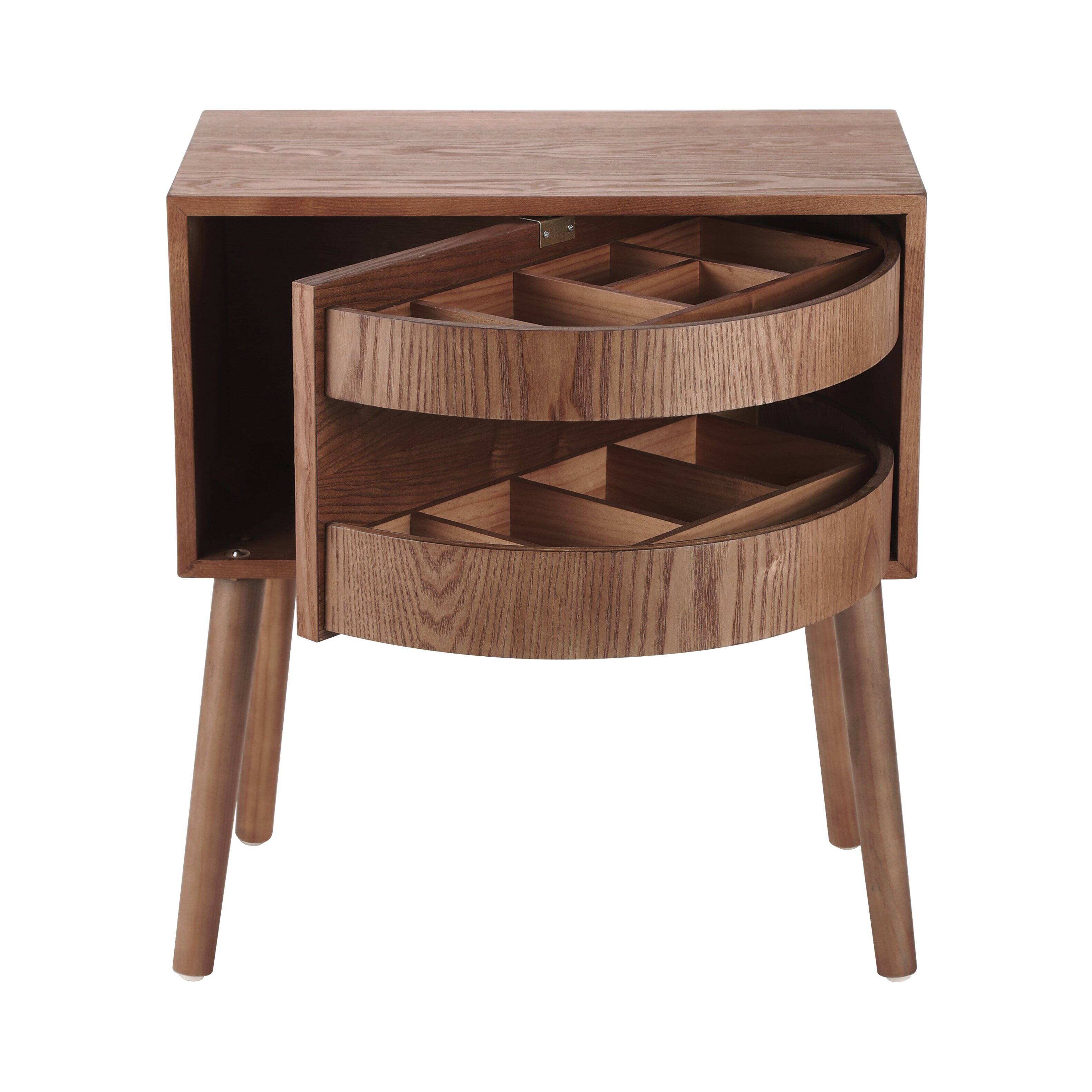 Alt View 1. Whisen - Rotating Nightstand with Hidden Compartments, Rattan Bedside Table and Storage End Table - Walnut.