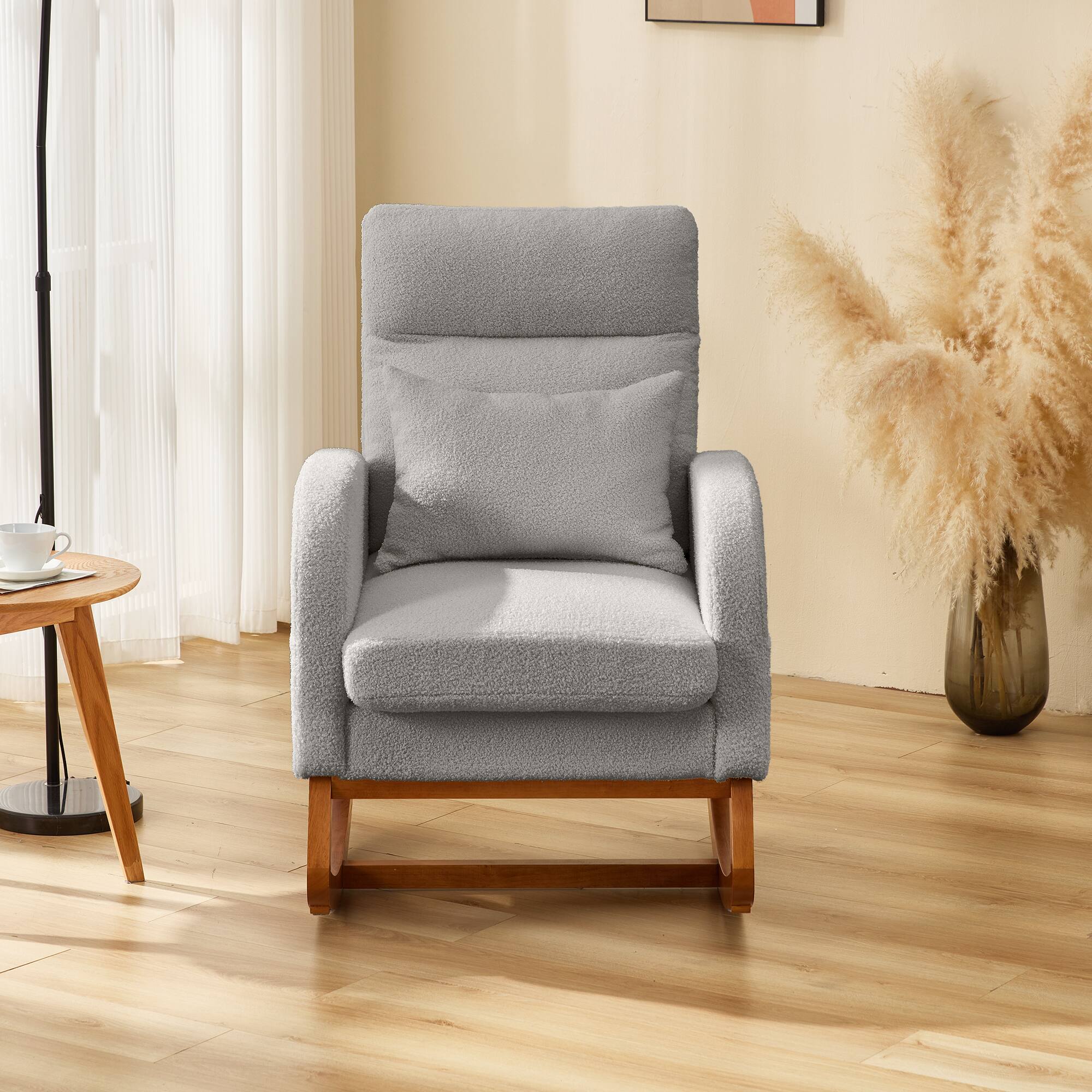Alt View 4. U-HOMY - U-HOMY Rocking Chair Comfort Set: Solid Wood with Pillow, Blanket | Plush Teddy Fleece Accent Chair for Living Room - Grey.