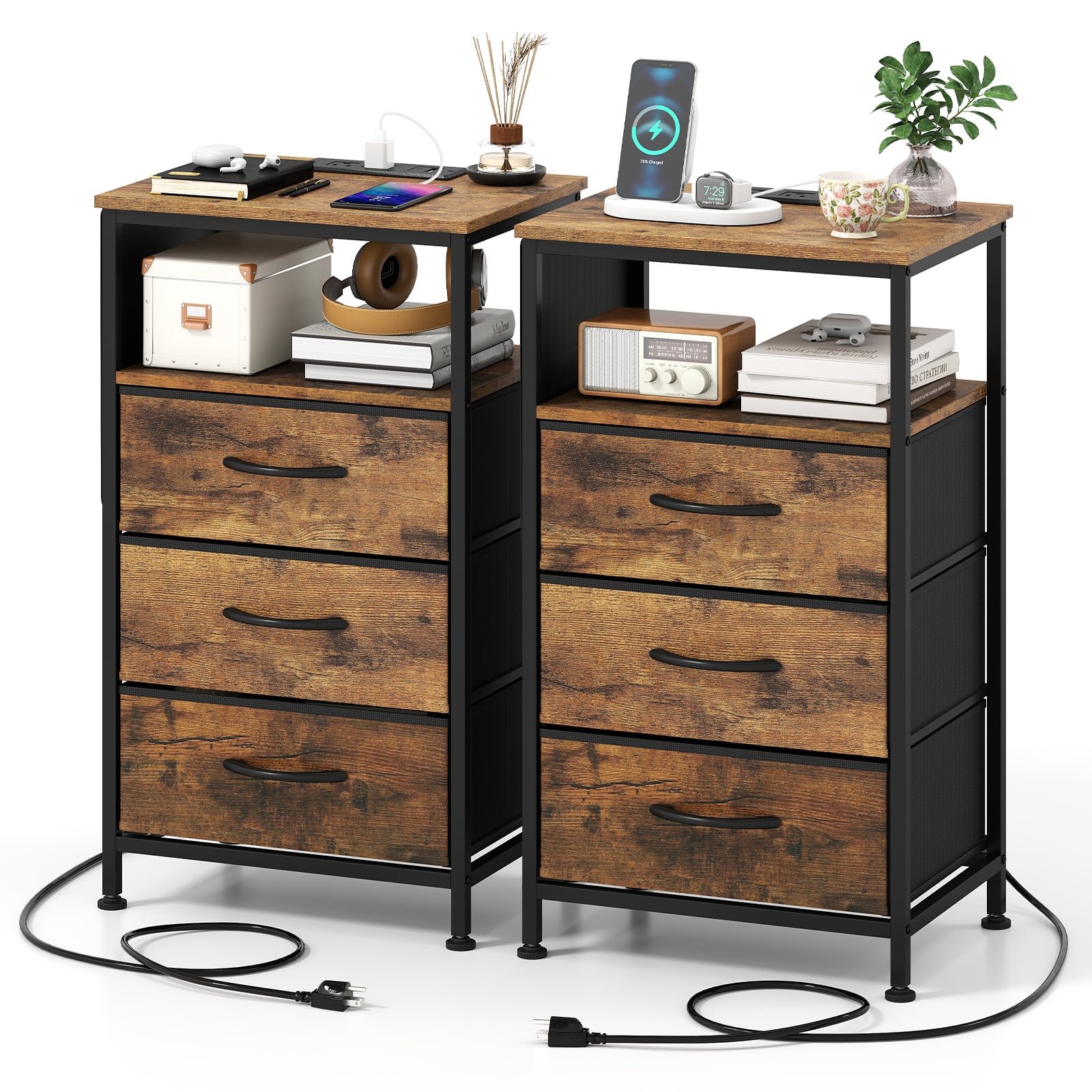 Costway - 2 PCS Nightstand with Charging Station, 3 Fabric Drawers, Open Shelf & Side Pocket - Rustic Brown + Black