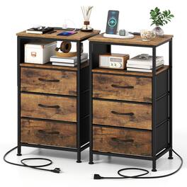Costway - 2 PCS Nightstand with Charging Station, 3 Fabric Drawers, Open Shelf & Side Pocket - Rustic Brown + Black