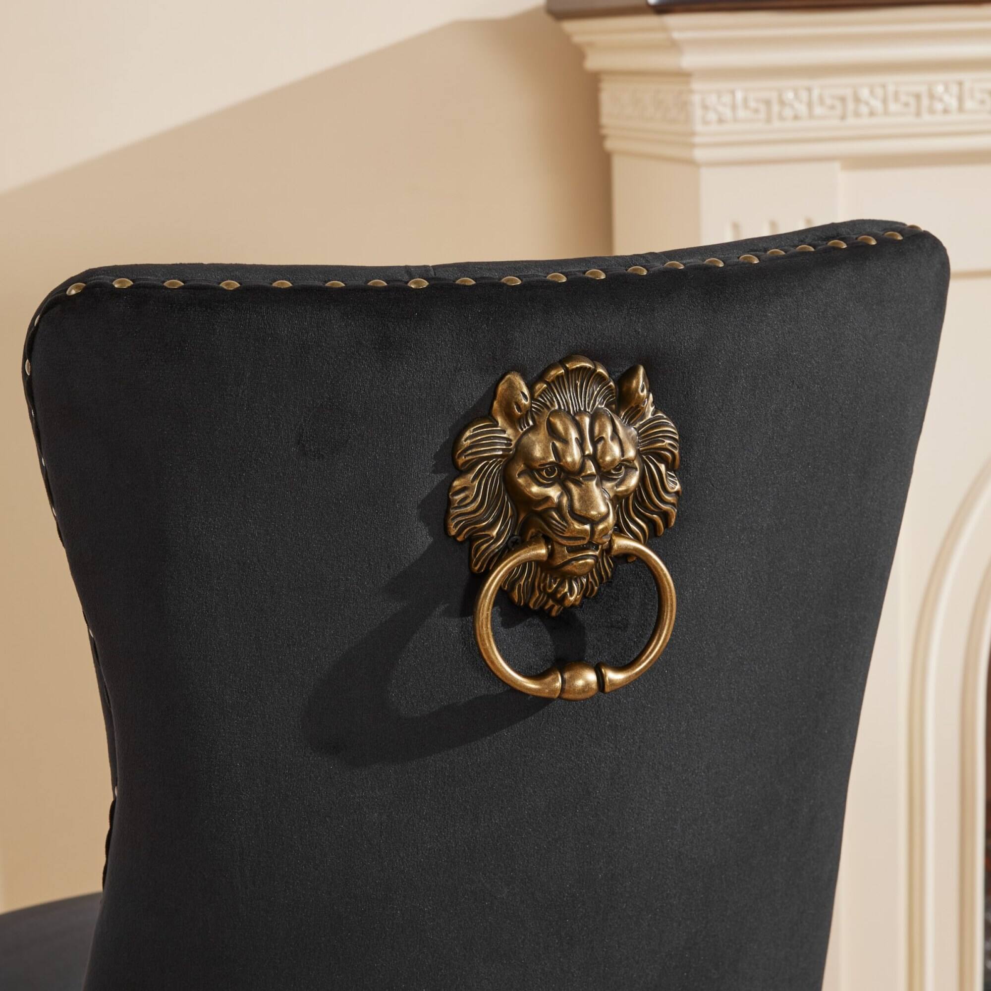Alt View 6. GOODSILO - Modern Tufted Velvet Dining Chairs with Lion Head Pull Rings and Golden Wooden Legs, Set of 2 - Black.