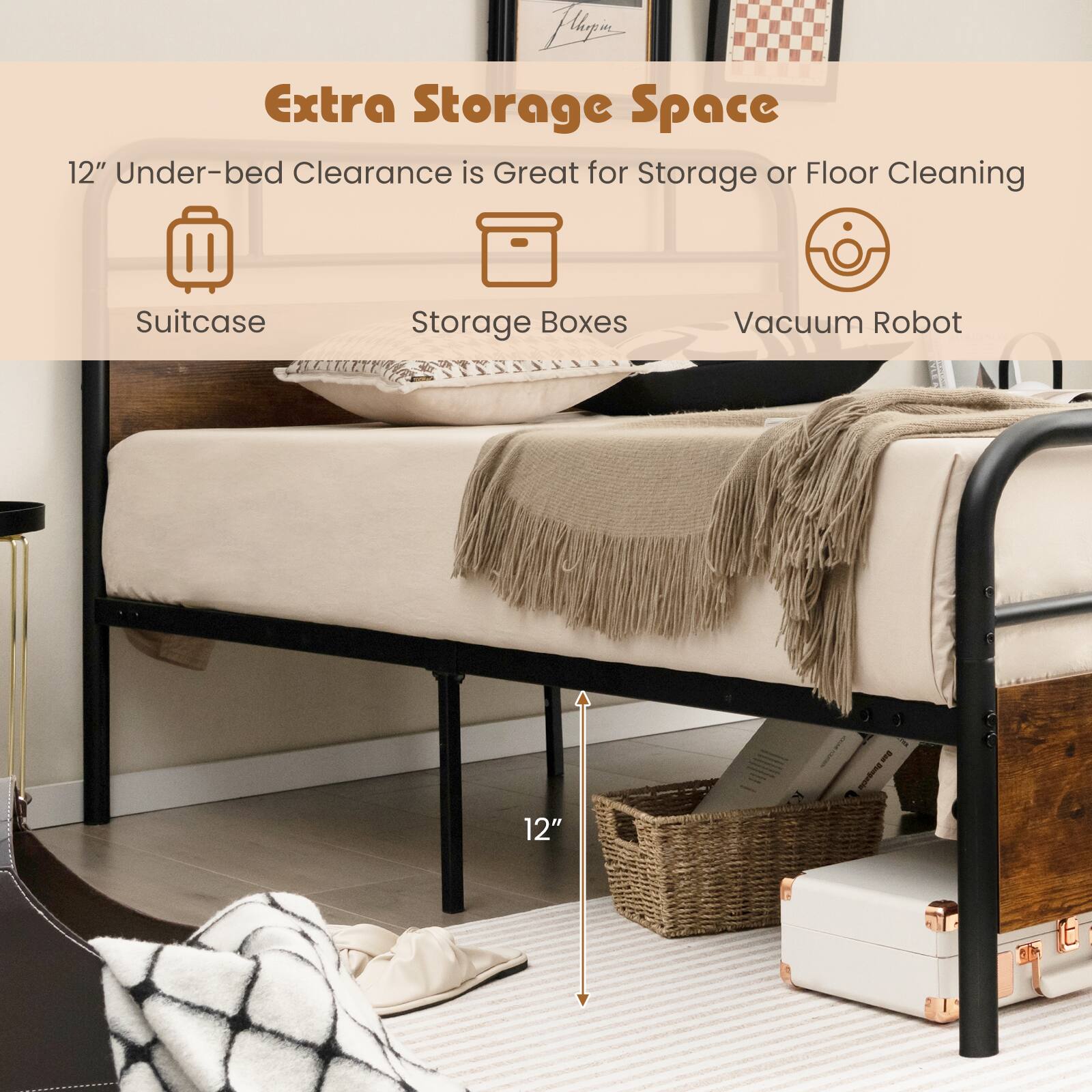 Flyla Extra Storage Space 12" Under-bed Clearance is Great for Storage or Floor Cleaning Suitcase Storage Boxes Vacuum Robot 12"