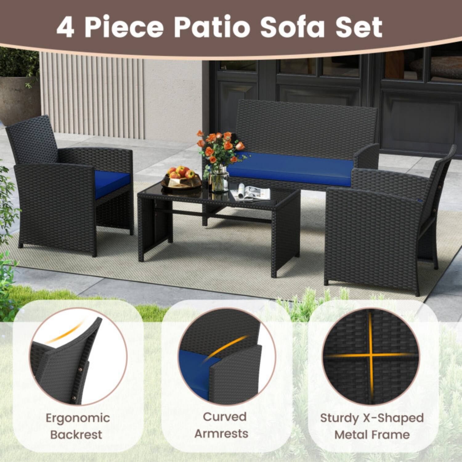 4 Piece Patio Sofa Set

- Ergonomic Backrest
- Curved Armrests
- Sturdy X-Shaped Metal Frame