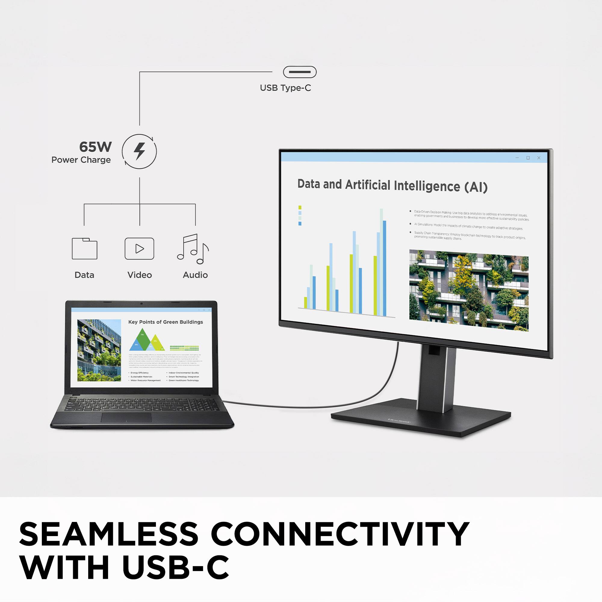 USB Type-C

65W Power Charge

Data Video Audio

Data and Artificial Intelligence (AI)

Key Points of Green Buildings

SEAMLESS CONNECTIVITY WITH USB-C