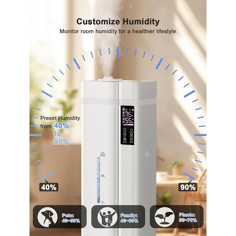 Customize Humidity  
Monitor room humidity for a healthier lifestyle.  

Preset Humidity from 40% to 90%  

Pets: 40-50%  
Family: 40-60%  
Plants: 55-70%