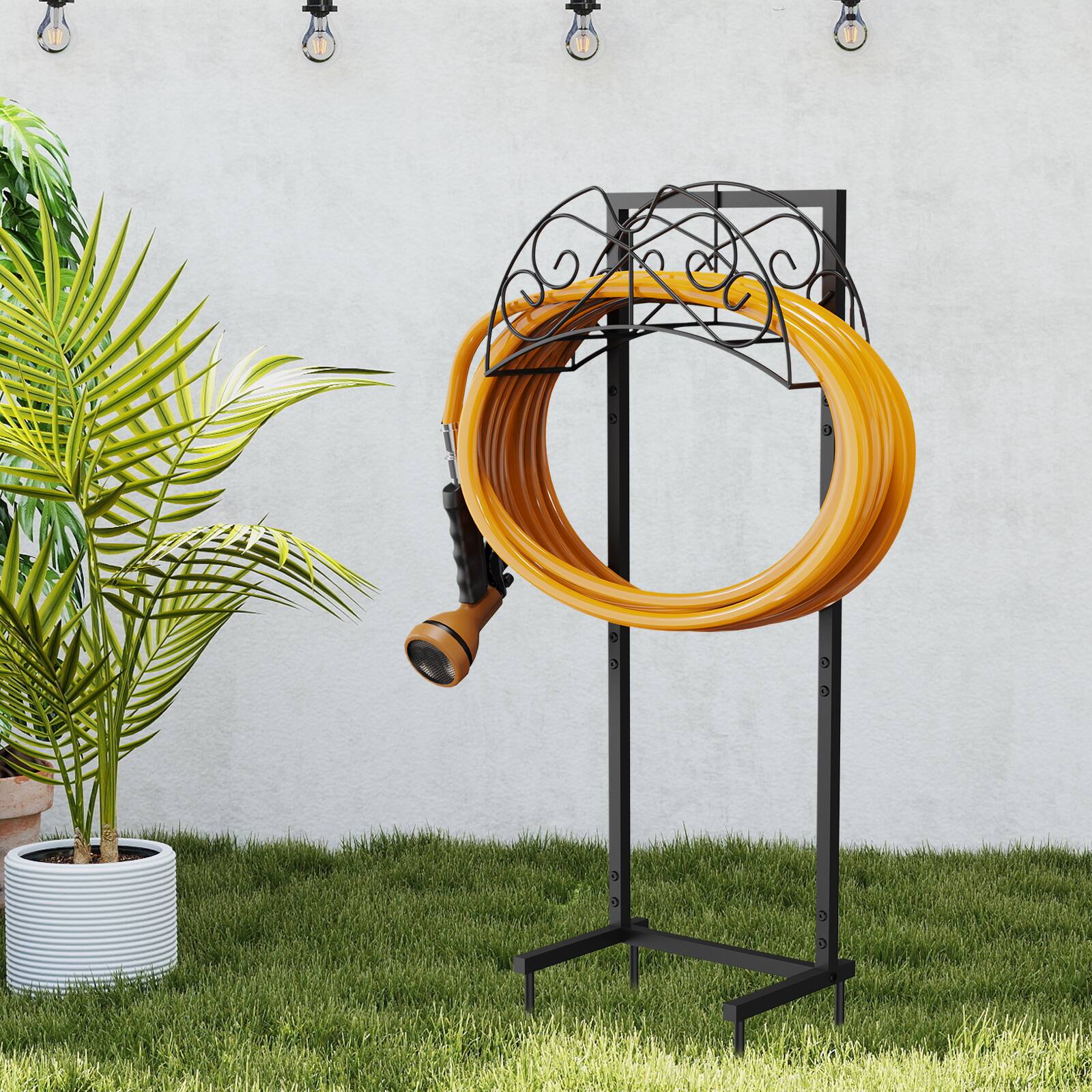 Angle. Oumilen - Black Freestanding Garden Hose Holder, Heavy Duty Metal Water Hose Stand.