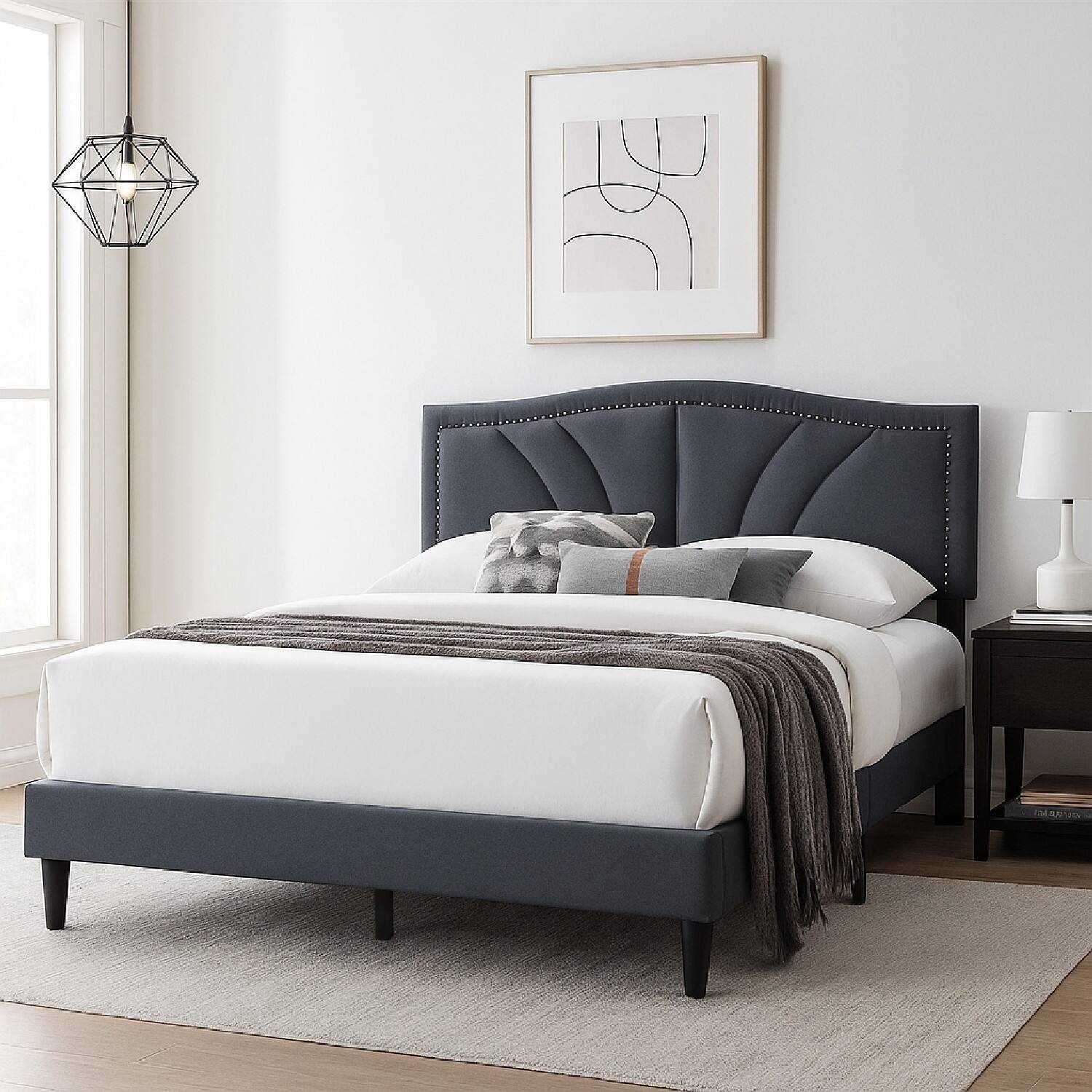 Alt View 5. Manhattan Lane - Reo Queen Size Bed, Charcoal Gray Burlap Upholstered Curved Headboard - Charcoal Gray, Black.