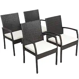 Gymax - 4PCS Patio PE Rattan Wicker Dining Armchairs Outdoor Chair w/ Removable Cushion - Off White