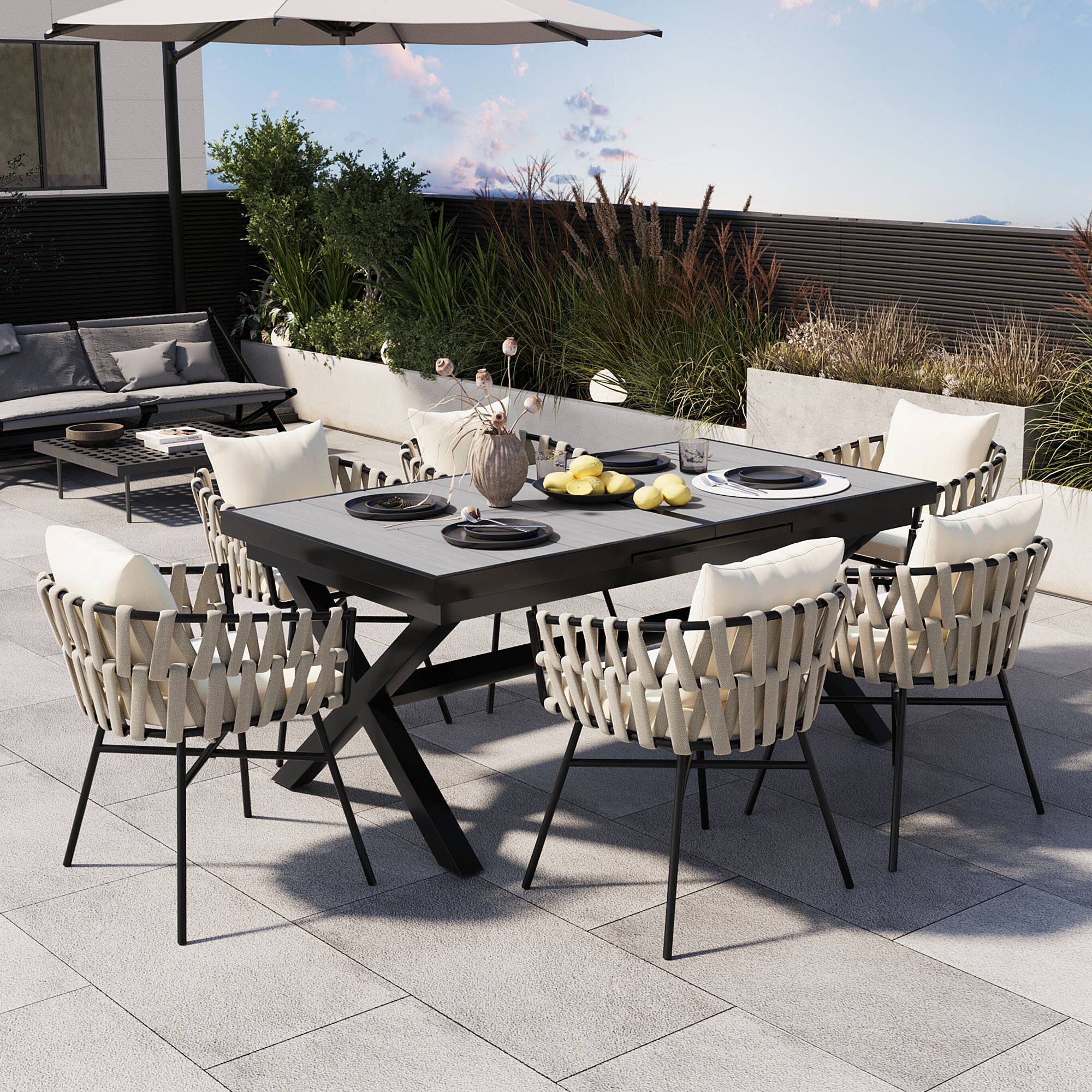 Angle. APRILSOUL - U Style 6 Polyester Woven Tape Chairs Expandable Table 629 To 826 Inches Alfresco Dining - Beige,Gray.