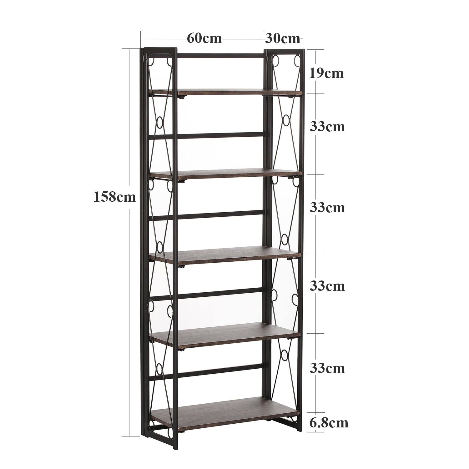60cm x 30cm  
158cm  
19cm  
33cm (shelf spacing)  
6.8cm (thickness)