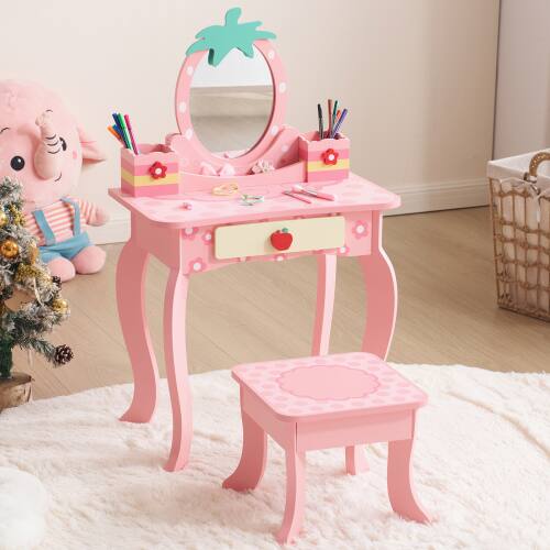 Alt View 1. Winado - 2-in-1 Cartoon Design Children Vanity Table Set Removable Mirror to Writing Desk with Stool for Christmas Birthday Gift - Pink.