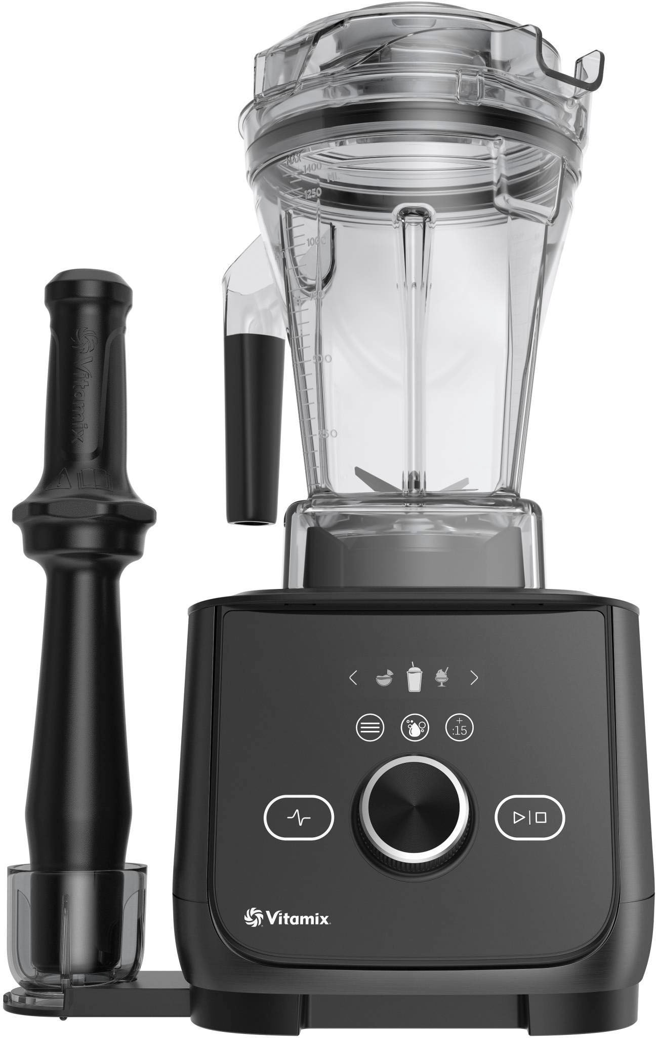Vitamix is a brand of blender that is known for its high-quality and powerful blending capabilities. The image shows a Vitamix blender with a black handle and a clear container. The blender is designed to be easy to use and maintain, and it comes with a variety of settings and options to suit different blending needs. The blender is also equipped with a safety lock to prevent accidental operation. With its durable construction and reliable performance, the Vitamix blender is a popular choice for home and commercial use.