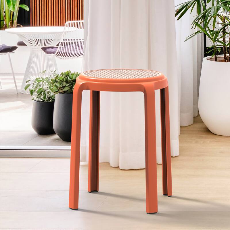 Alt View 1. LeisureMod - Tresse Stackable Round Poly Stool with Wicker Top, Modern Outdoor Counter Height Patio Barstool Set of 2 - Orange.