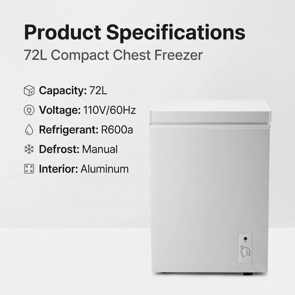 Product Specifications  
72L Compact Chest Freezer  

- Capacity: 72L  
- Voltage: 110V/60Hz  
- Refrigerant: R600a  
- Defrost: Manual  
- Interior: Aluminum