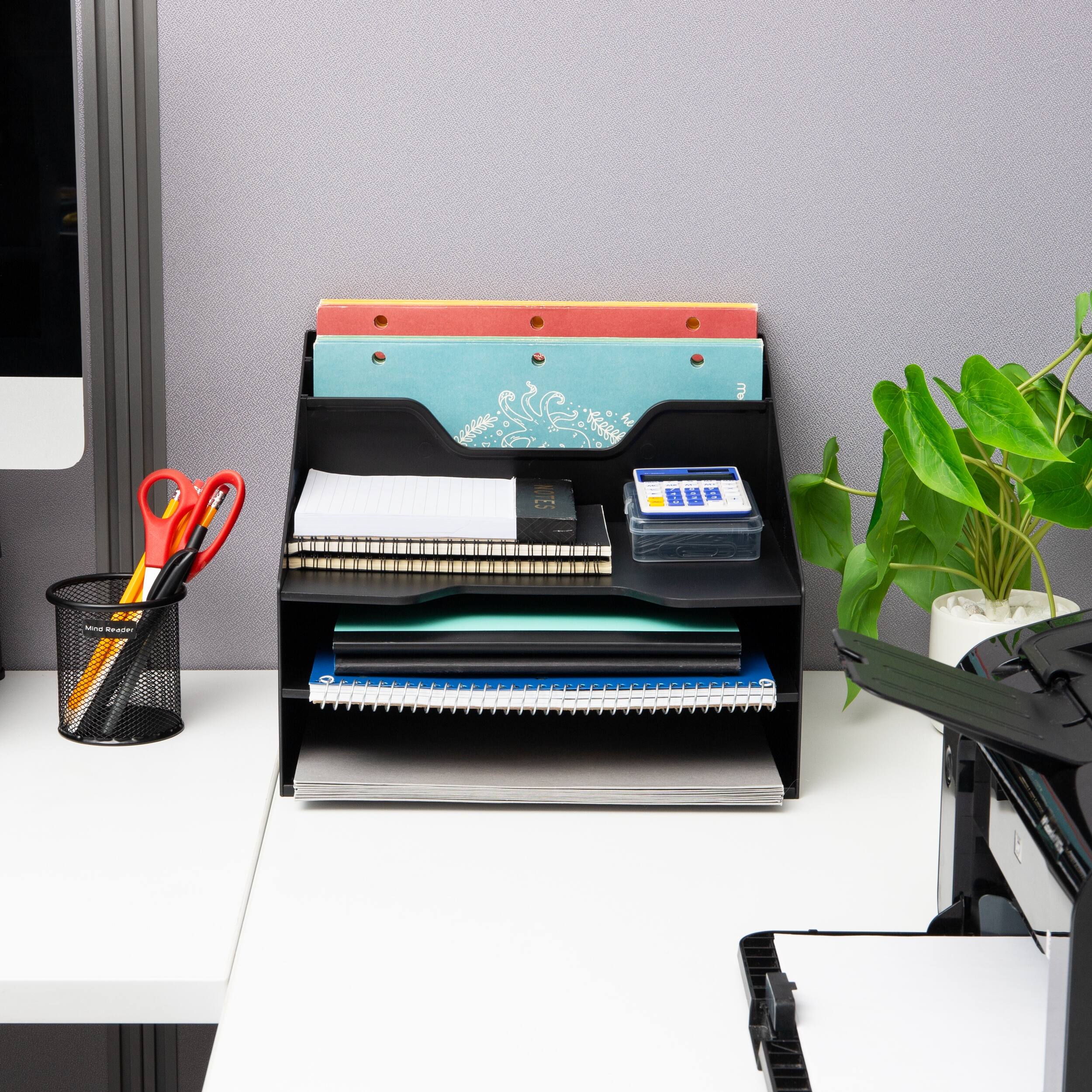 Alt View 5. Mind Reader - 3-Tier Desktop Organizer with 5 Compartments, Plastic File Holder for Office, Kitchen, or Home - Black.