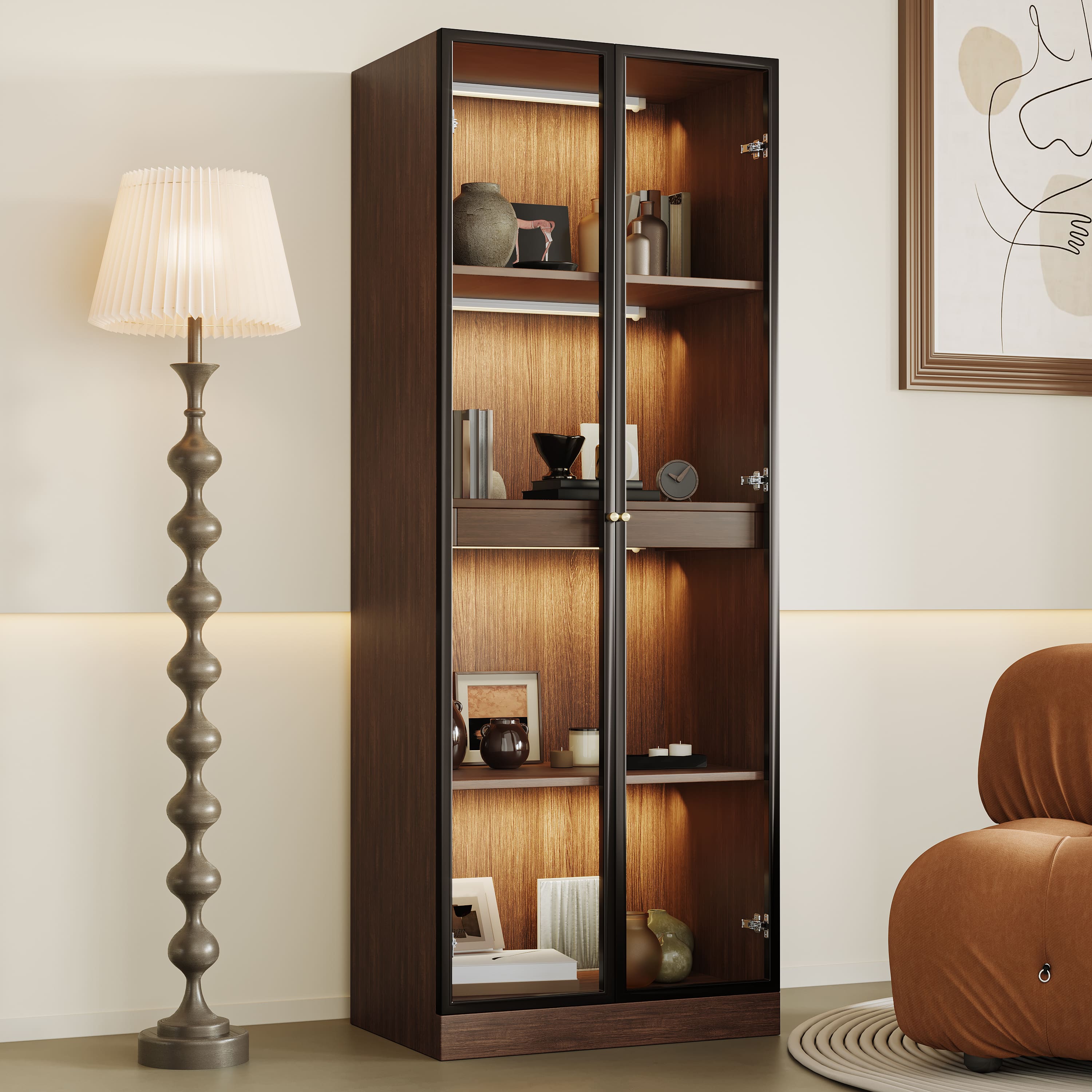 MSOOB - 23.6" Glass Display China Cabinet With Pull-Out Bar Shelf, Dining Cabinet With Glass Doors and Wireless LED Light - Brown