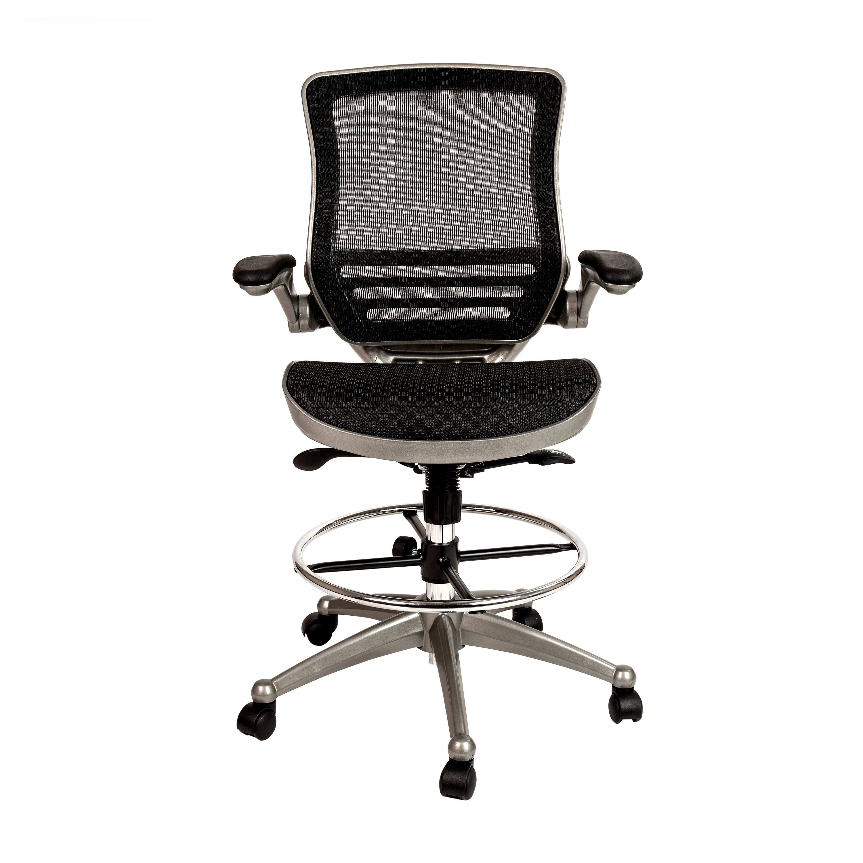 Alt View 7. Emma + Oliver - Mid-Back Transparent Mesh Drafting Chair with Flip-Up Arms - Black Mesh/Graphite Silver Frame.