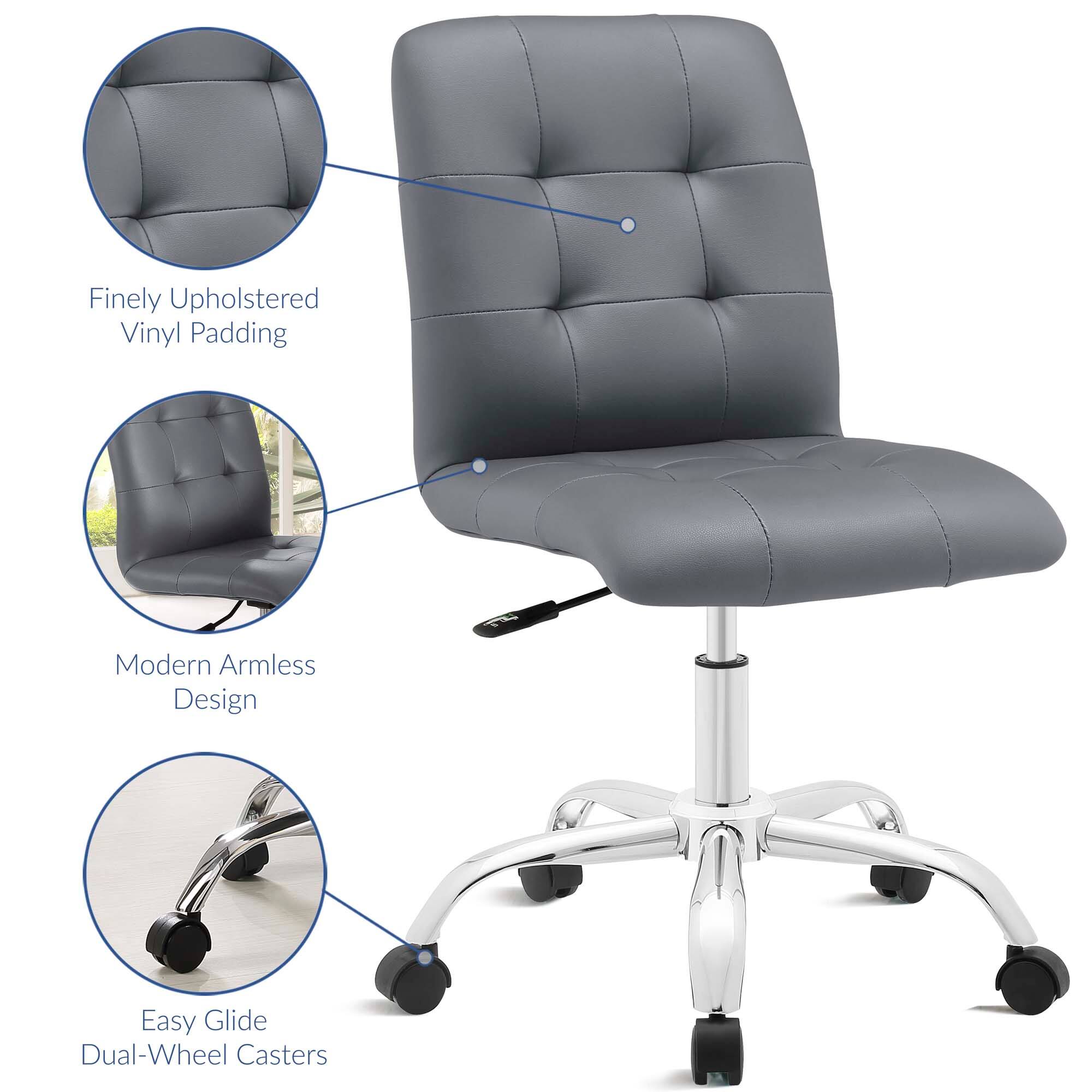 - Finely Upholstered Vinyl Padding
- Modern Armless Design
- Easy Glide Dual-Wheel Casters