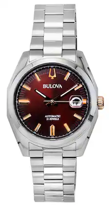 Bulova - Surveyor Automatic 21 Jewels 98B422 Mens Watch Stainless Steel Burgundy Dial 30M - Sunray Burgundy / Merlot Red