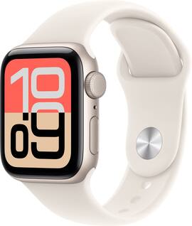 Front. Apple - Apple Watch SE 3 (GPS) 40mm Starlight Aluminum Case with Starlight Sport Band - S/M - Starlight.