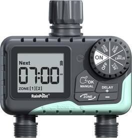 Rainpoint - Water Timer for Garden Hose - 2 Zone Sprinkler Timer with Rain Delay/Manual Watering - Gray
