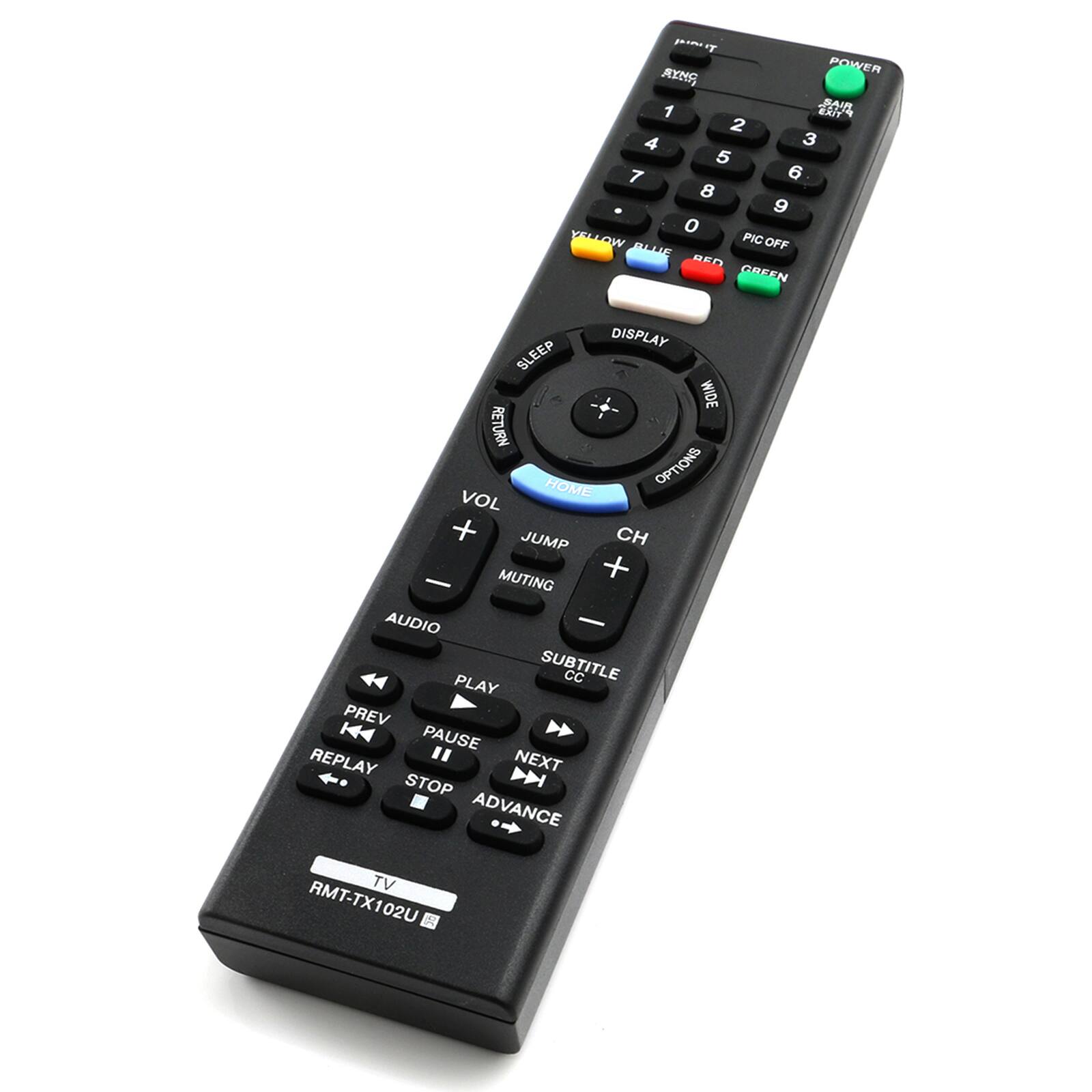 PT POWER AXNS 1 Pras JN 2 4 3 5 7 6 8 6 o YELLOW oW PIC OFF BLUIE BED GREEN DISPLAY SLEEP WIDE RETURN HOME OPTIONS VOL + JUMP CH MUTING +  AUDIO - SUBTITLE cc PLAY PREV PAUSE REPLAY " NEXT STOP ADVANCE TV RMT-TX102U